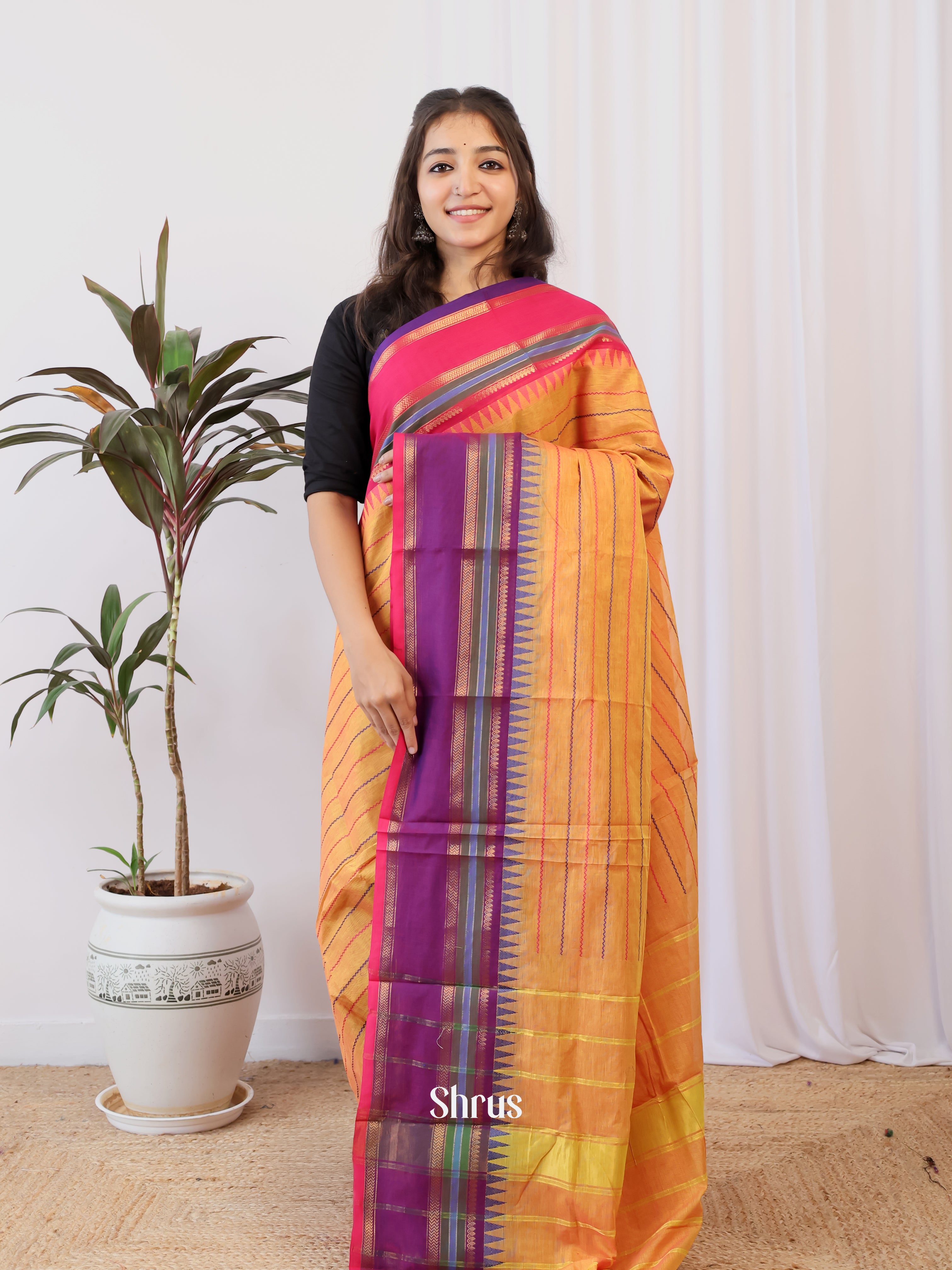 Orange & Pink - Chettinad Cotton Saree - Shop on Shrus.com