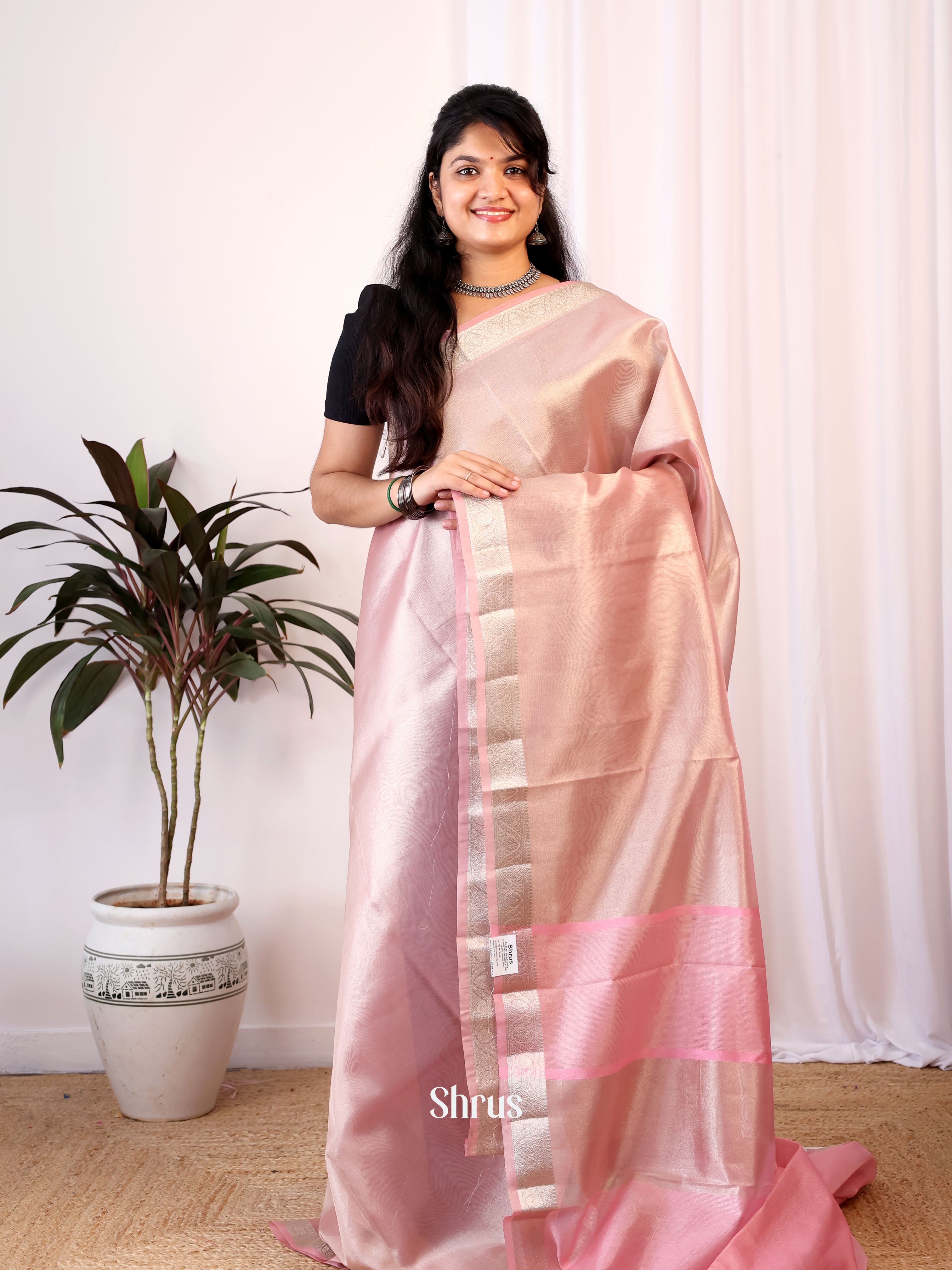 Peachish Pink - Semi Tissue Saree - Shop on Shrus.com