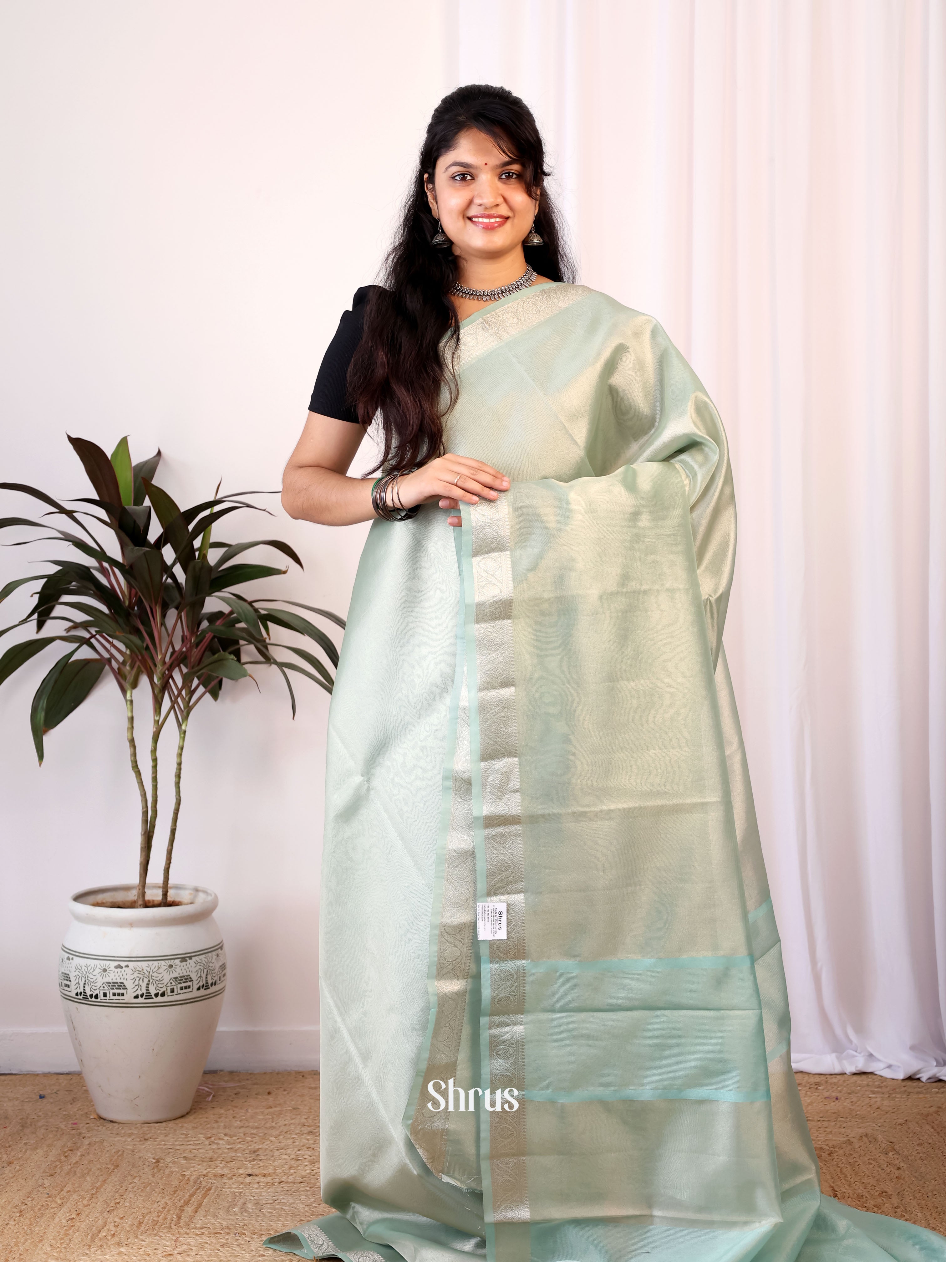 Pastel Blue - Semi Tissue Saree - Shop on Shrus.com