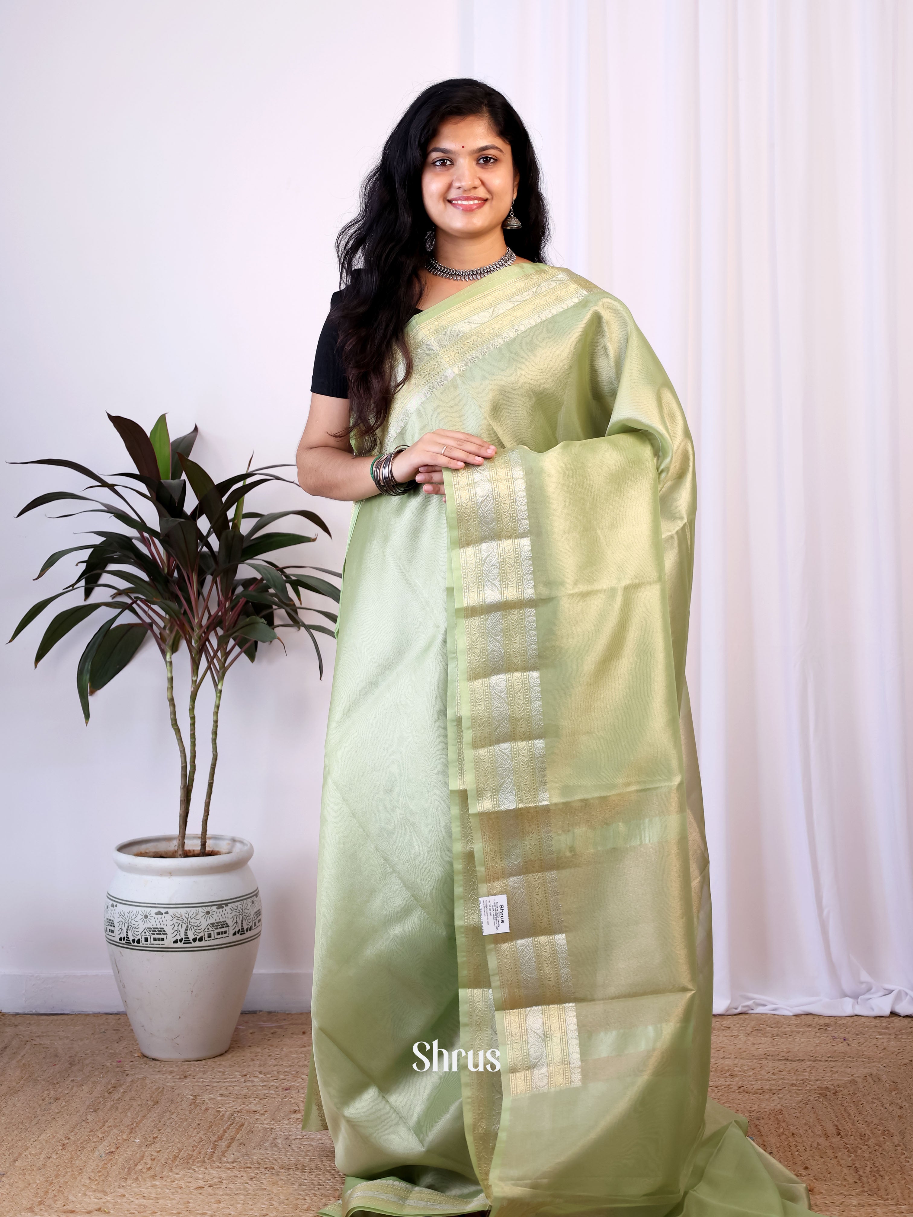 Pastel Green - Semi Tissue Saree - Shop on Shrus.com