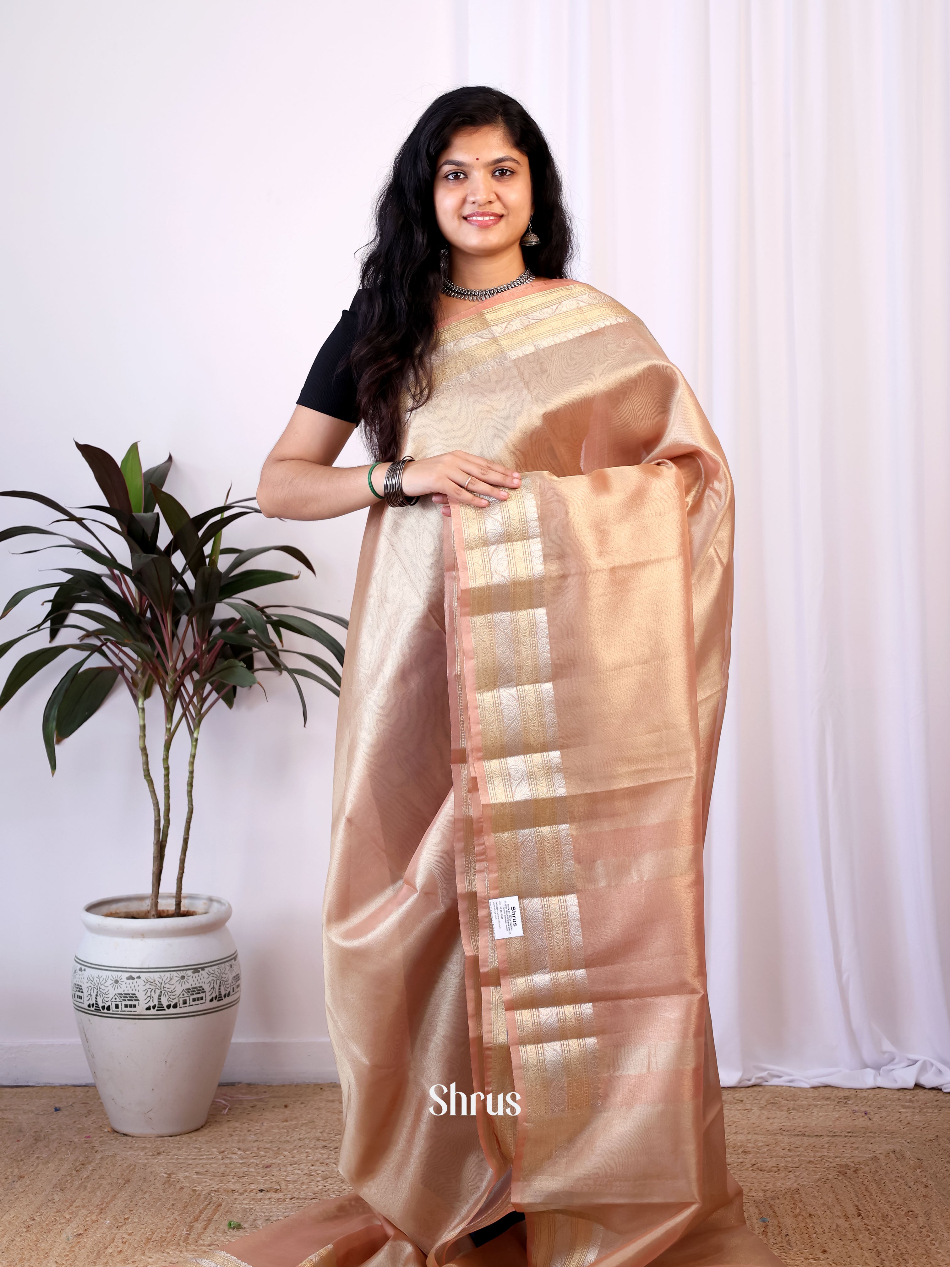 Peach - Semi Tissue Saree - Shop on Shrus.com