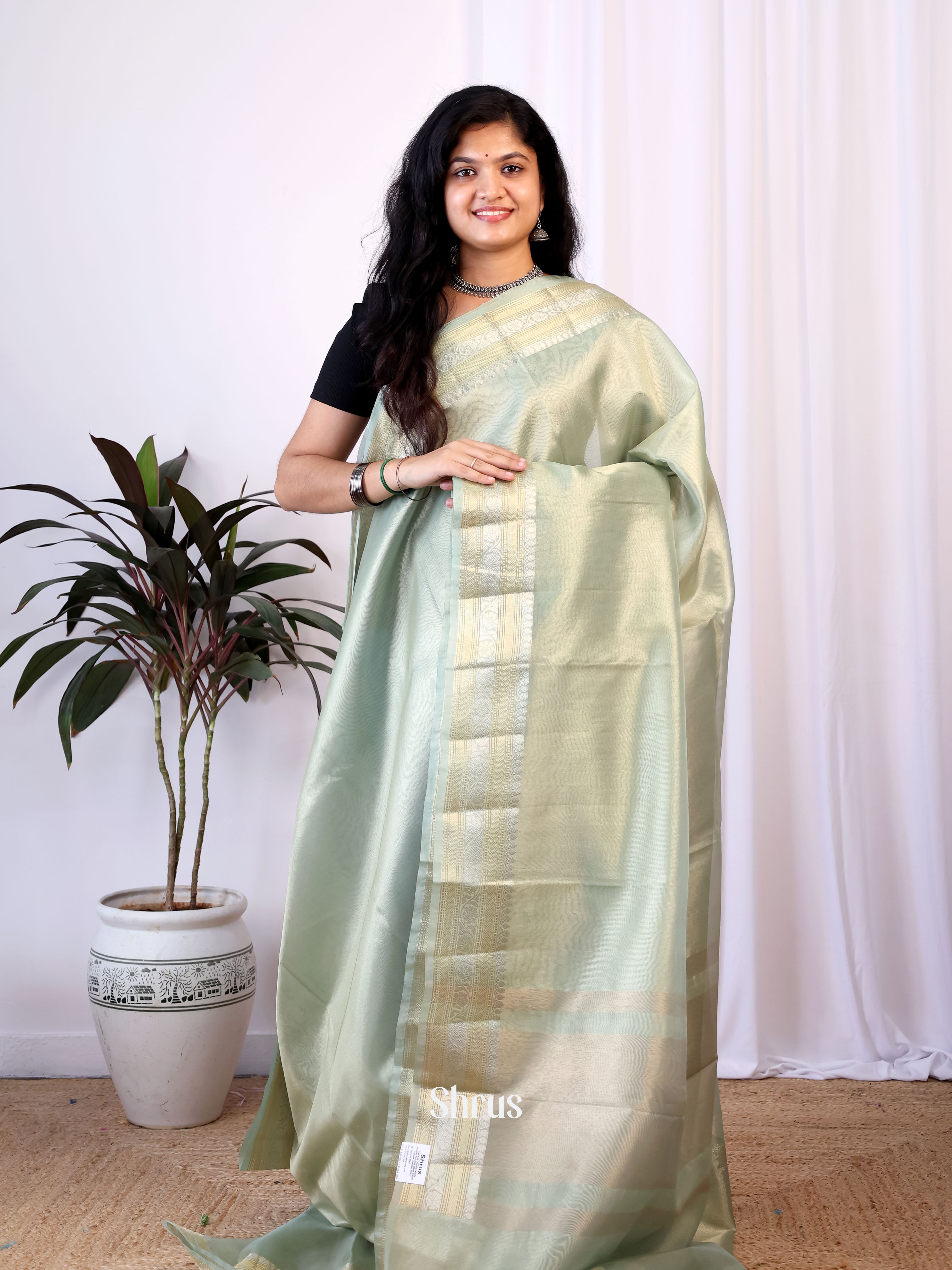 Pista green - Semi Tissue Saree - Shop on Shrus.com