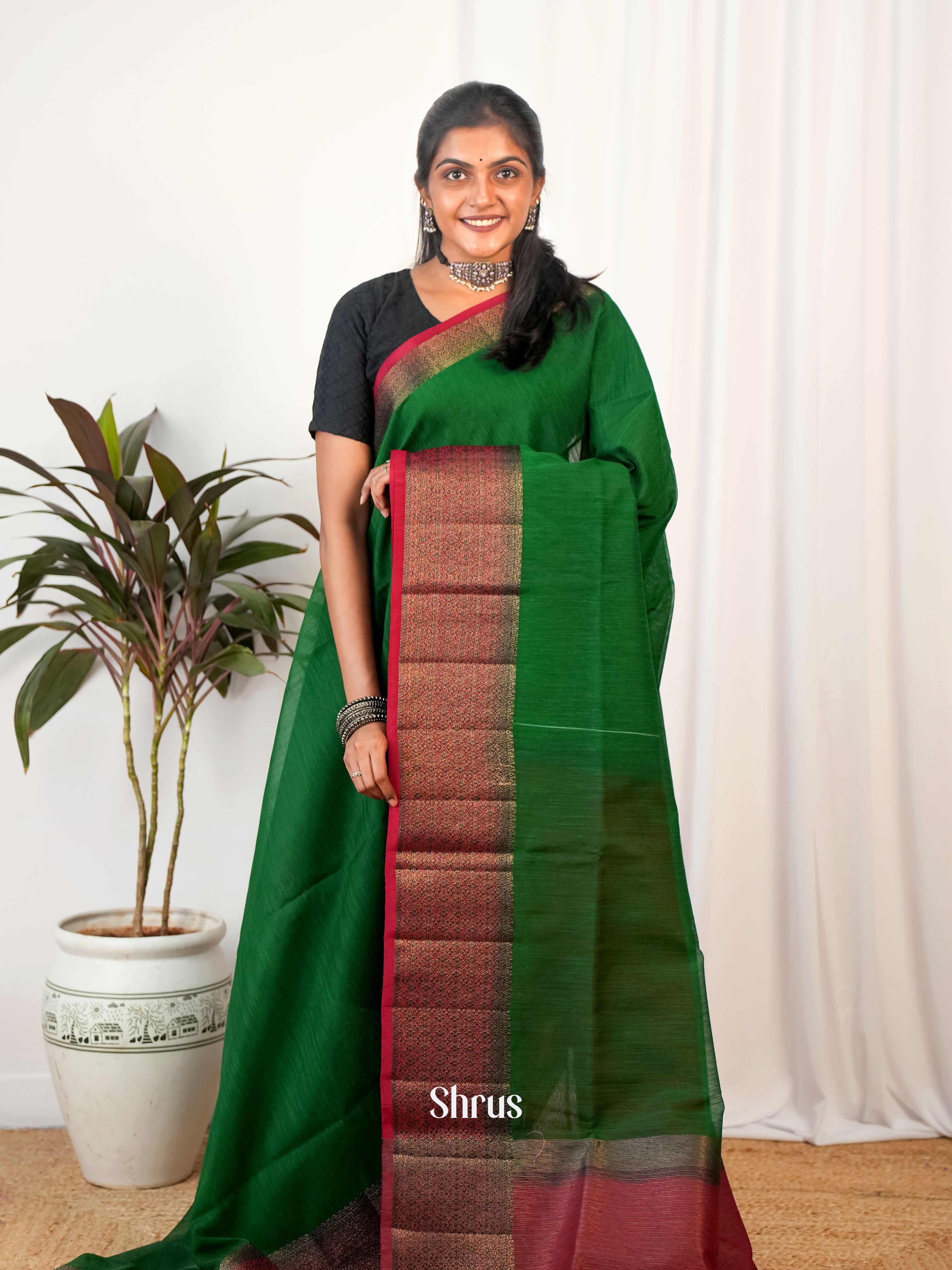 Green & Maroon - Semi Jute Saree - Shop on Shrus.com