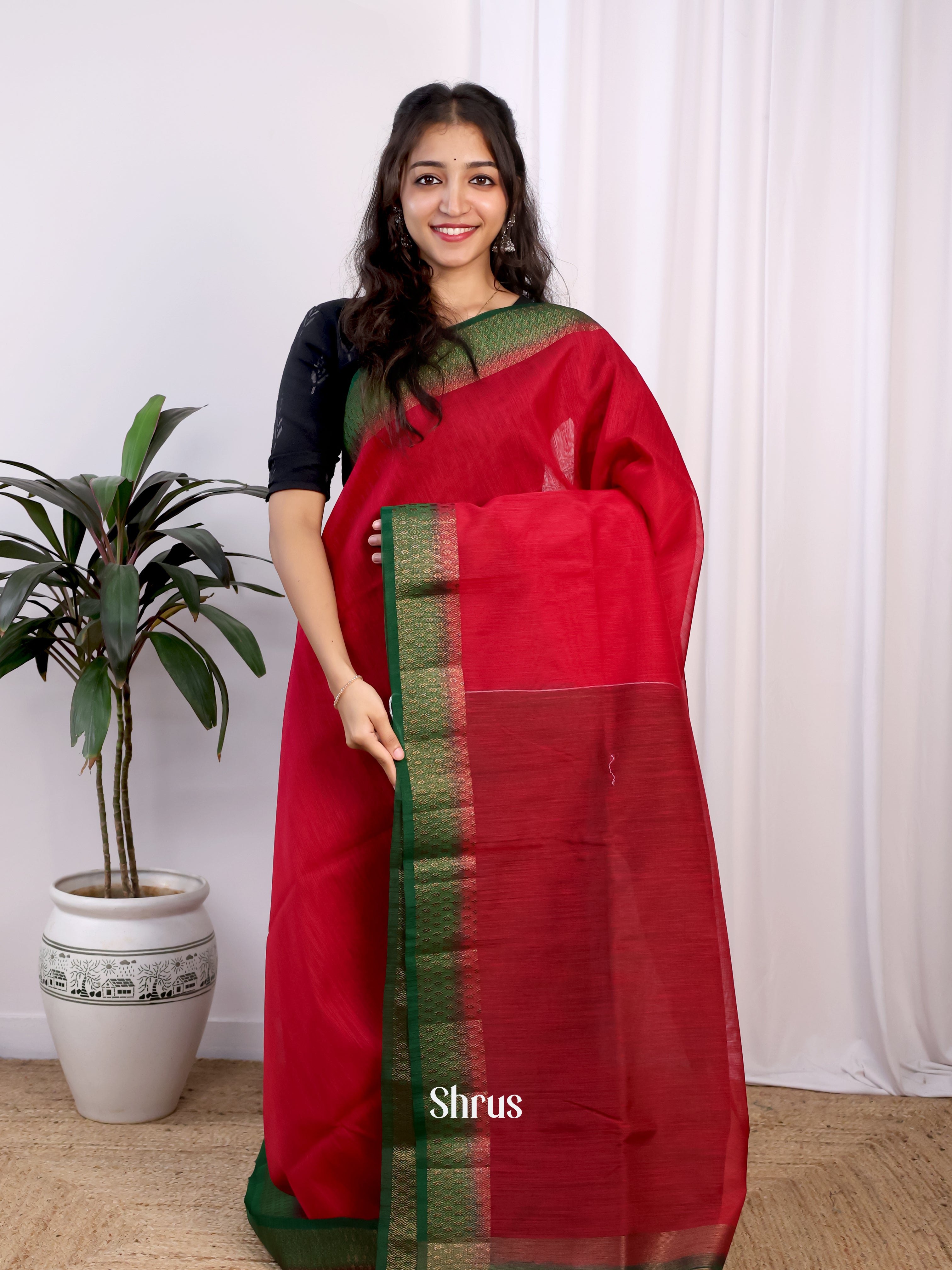 Red & Green - Semi Jute Saree - Shop on Shrus.com