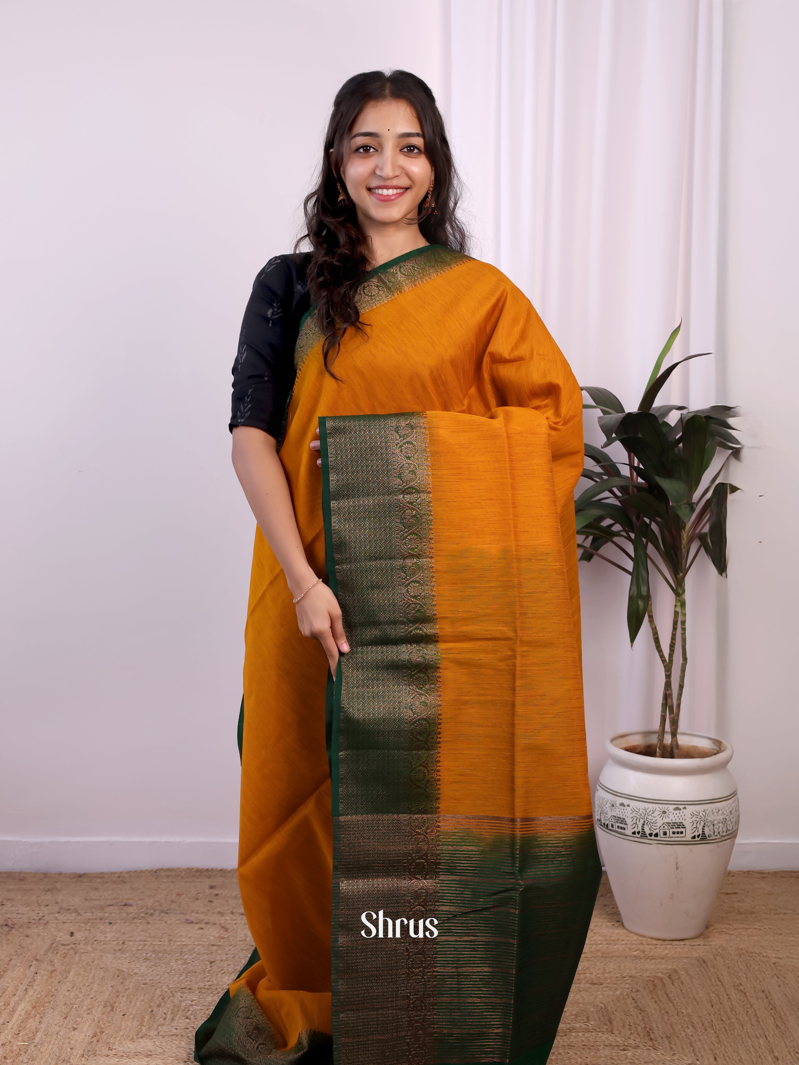 Mustard & Green- Semi Jute Saree - Shop on Shrus.com