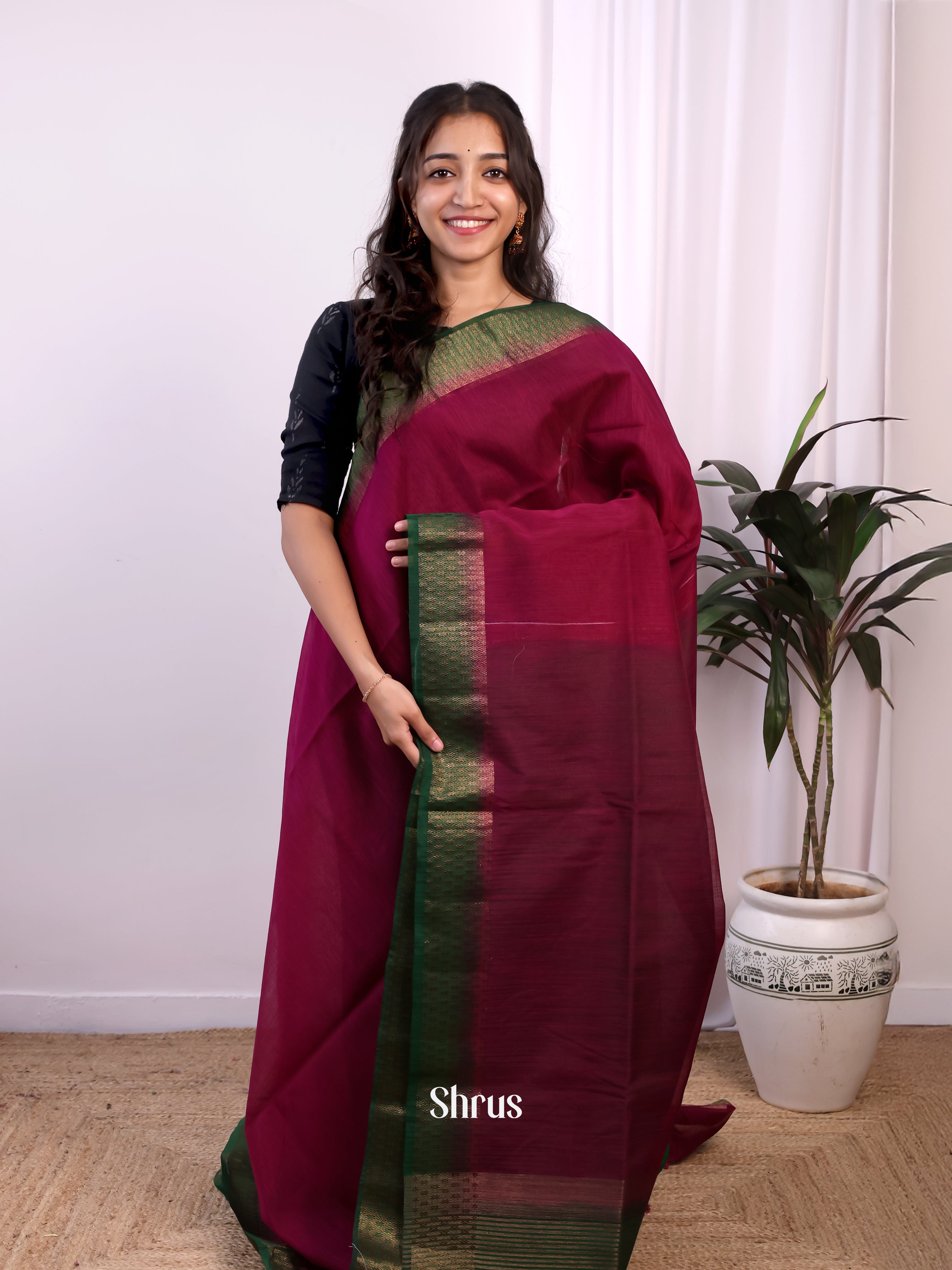Maroon & Green - Semi Jute Saree - Shop on Shrus.com
