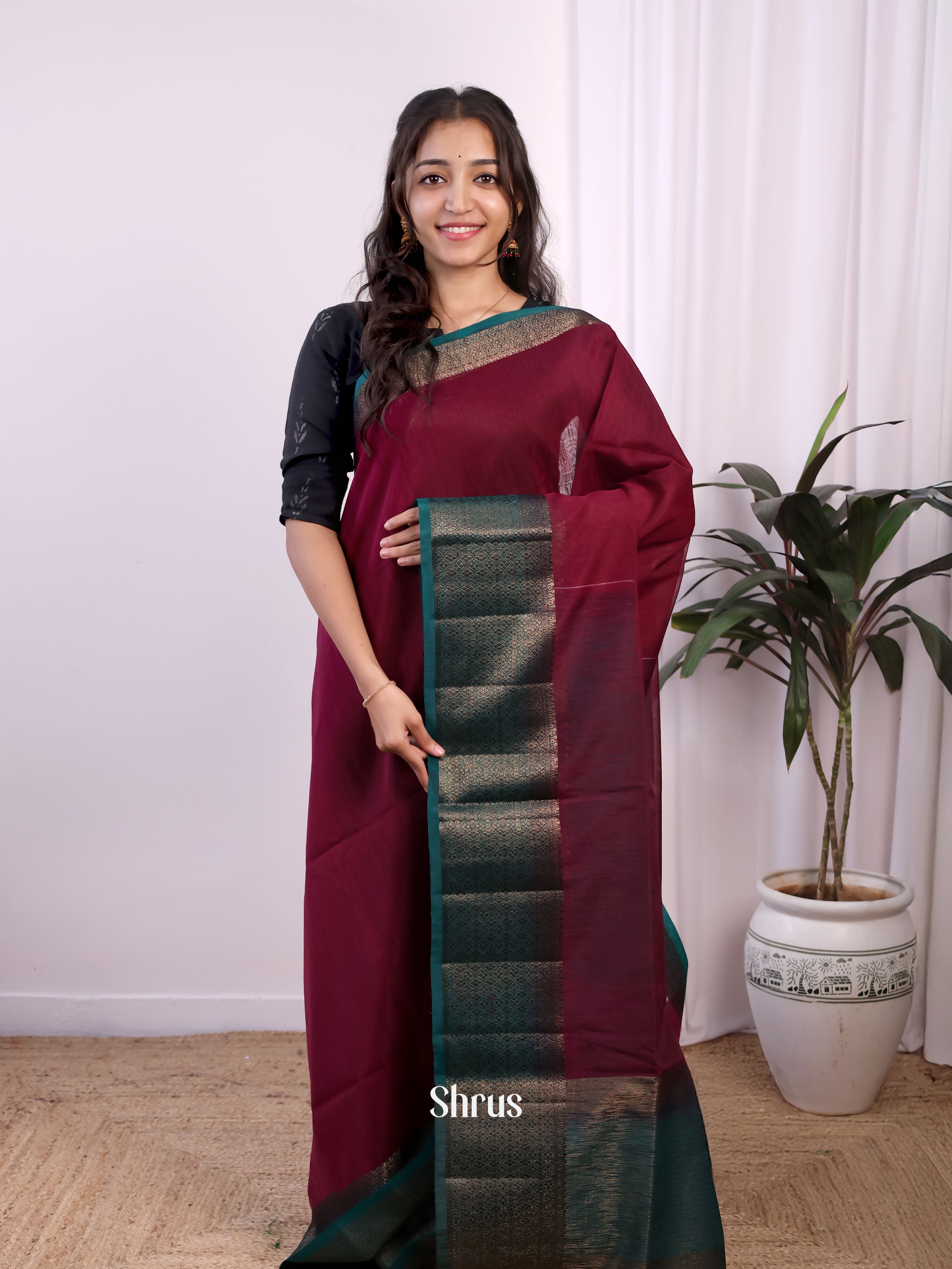 Maroon & Blue - Semi Jute Saree - Shop on Shrus.com