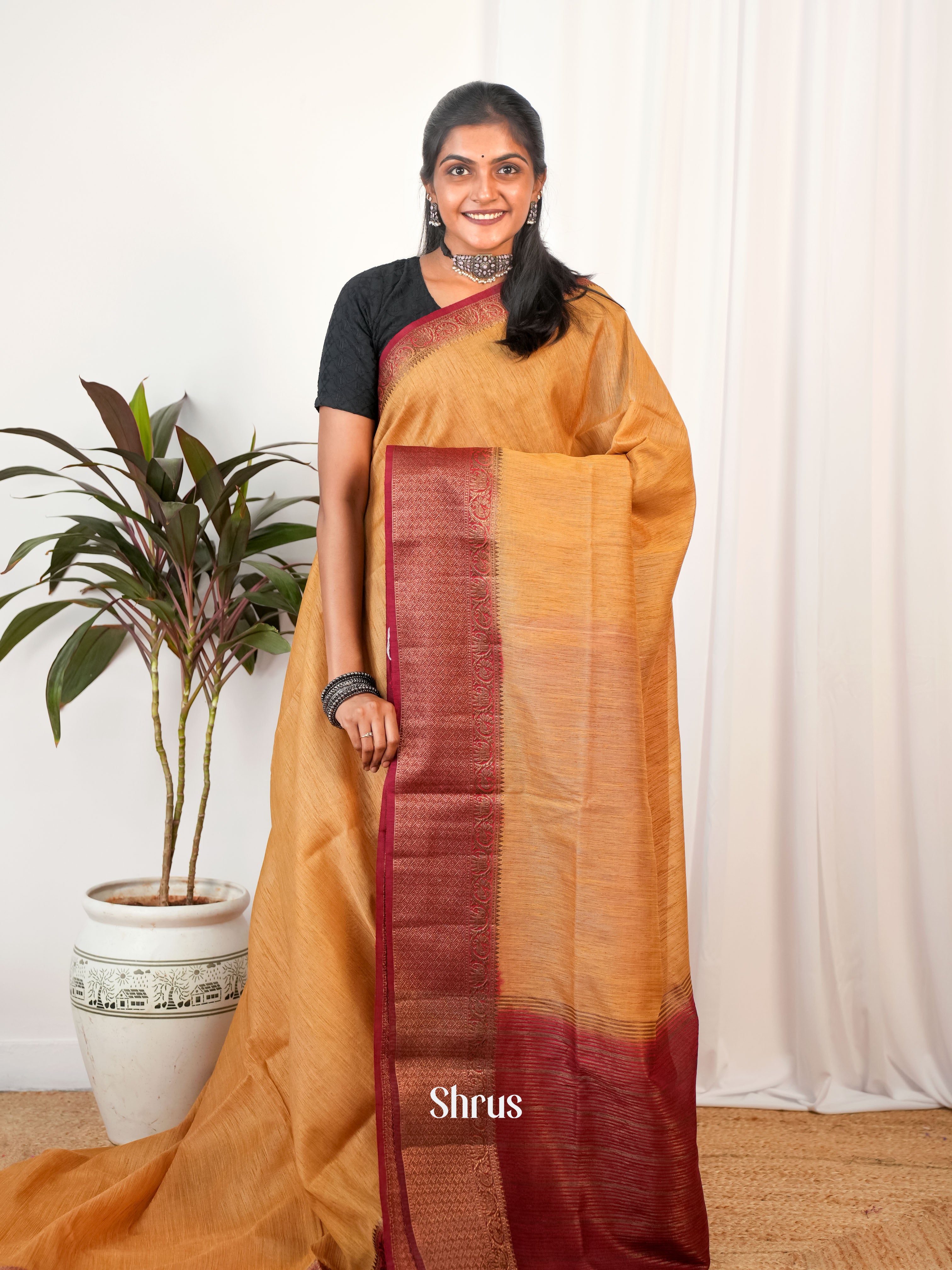 Brown & Maroon - Semi Jute Saree - Shop on Shrus.com