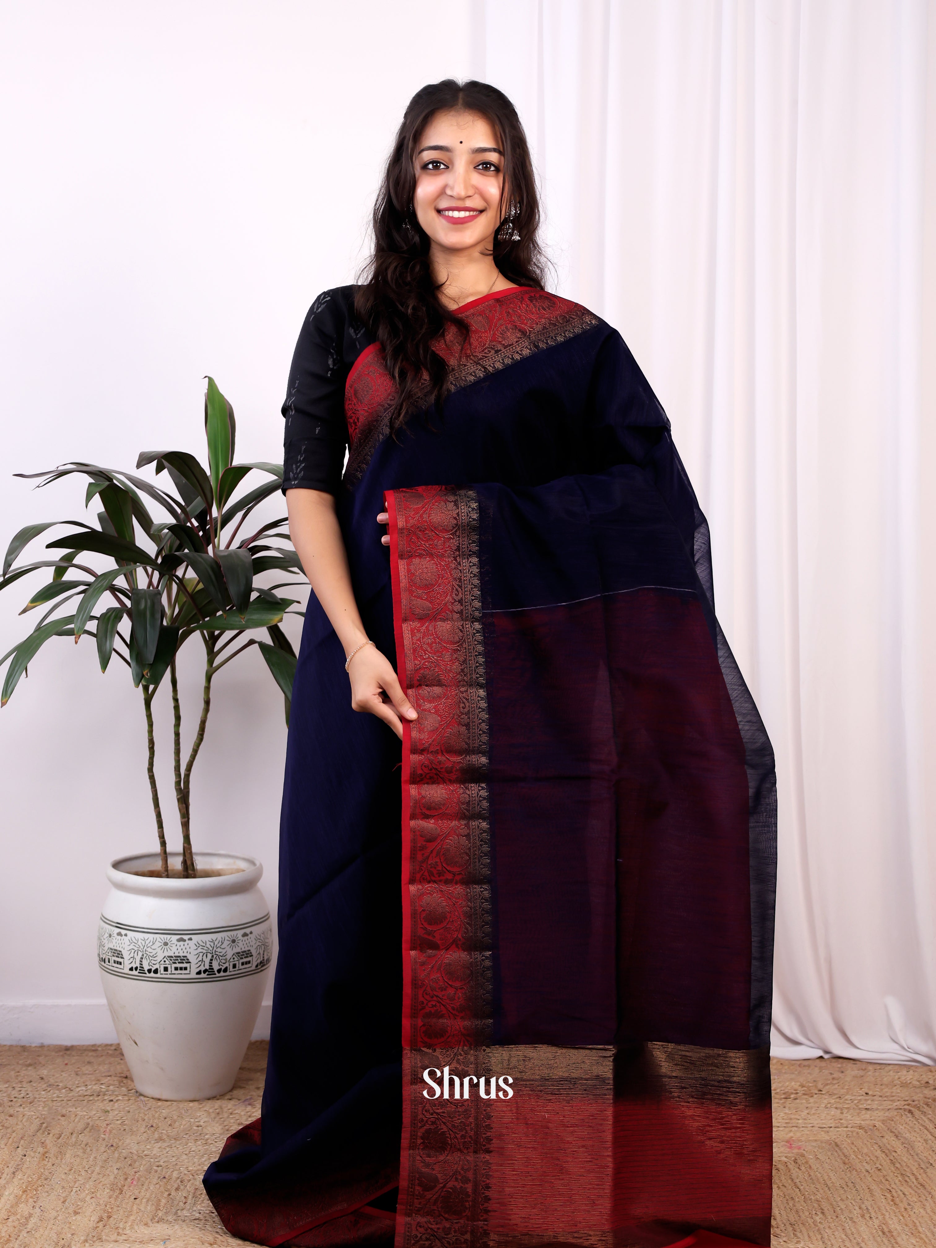 Blue & Maroon - Semi Jute Saree - Shop on Shrus.com