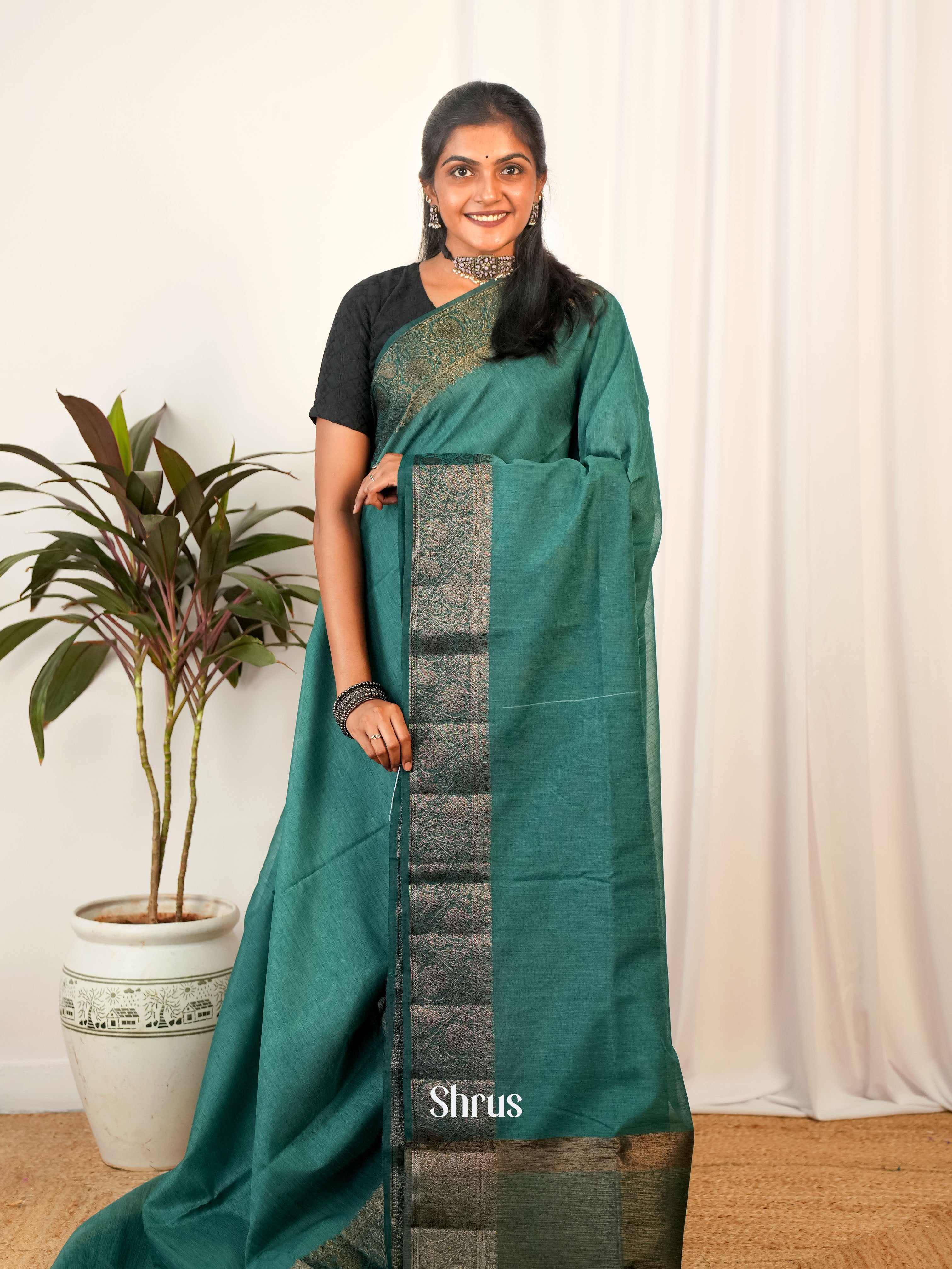 Green - Semi Jute Saree - Shop on Shrus.com