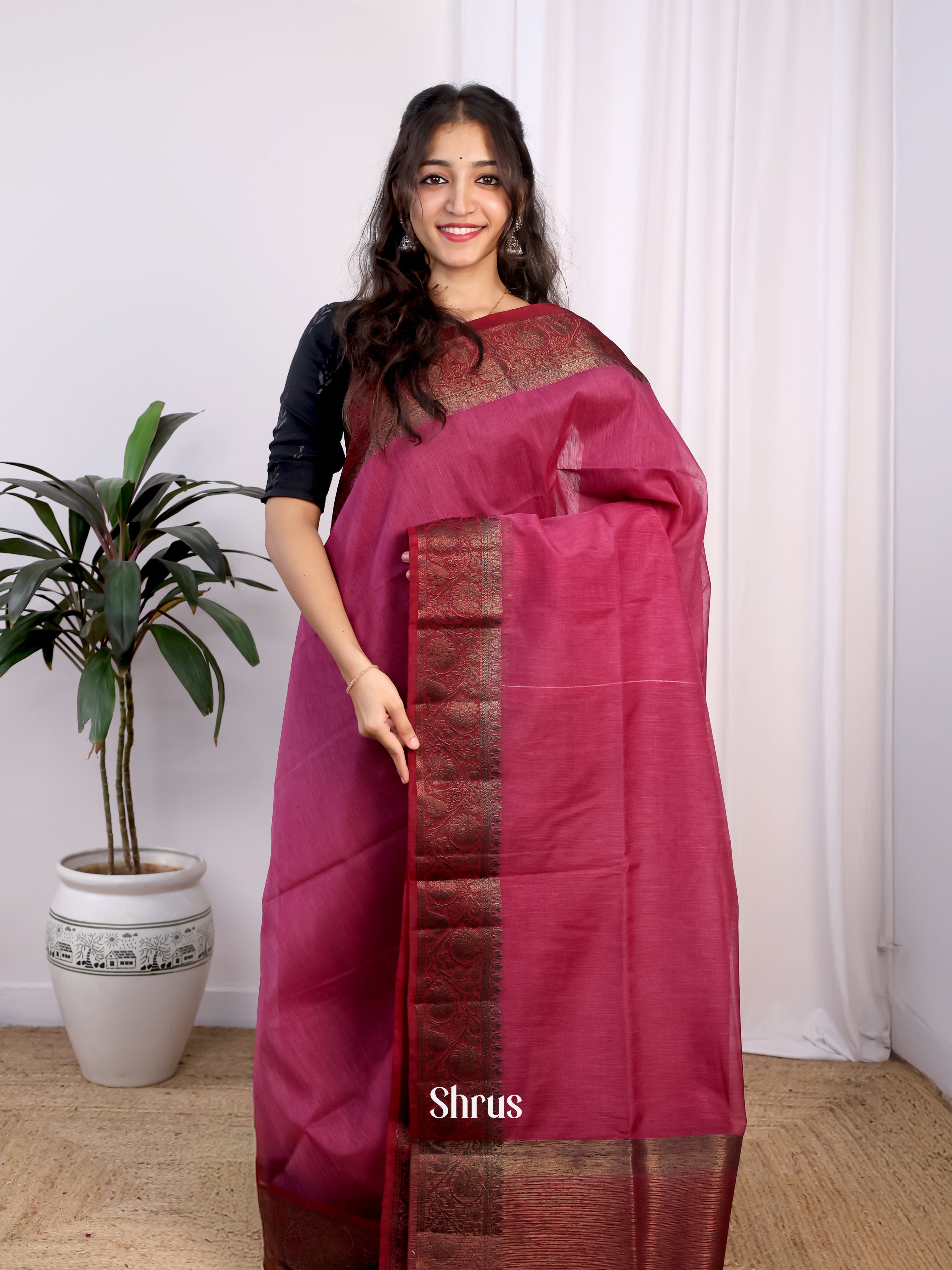 Purple & Maroon - Semi Jute Saree - Shop on Shrus.com