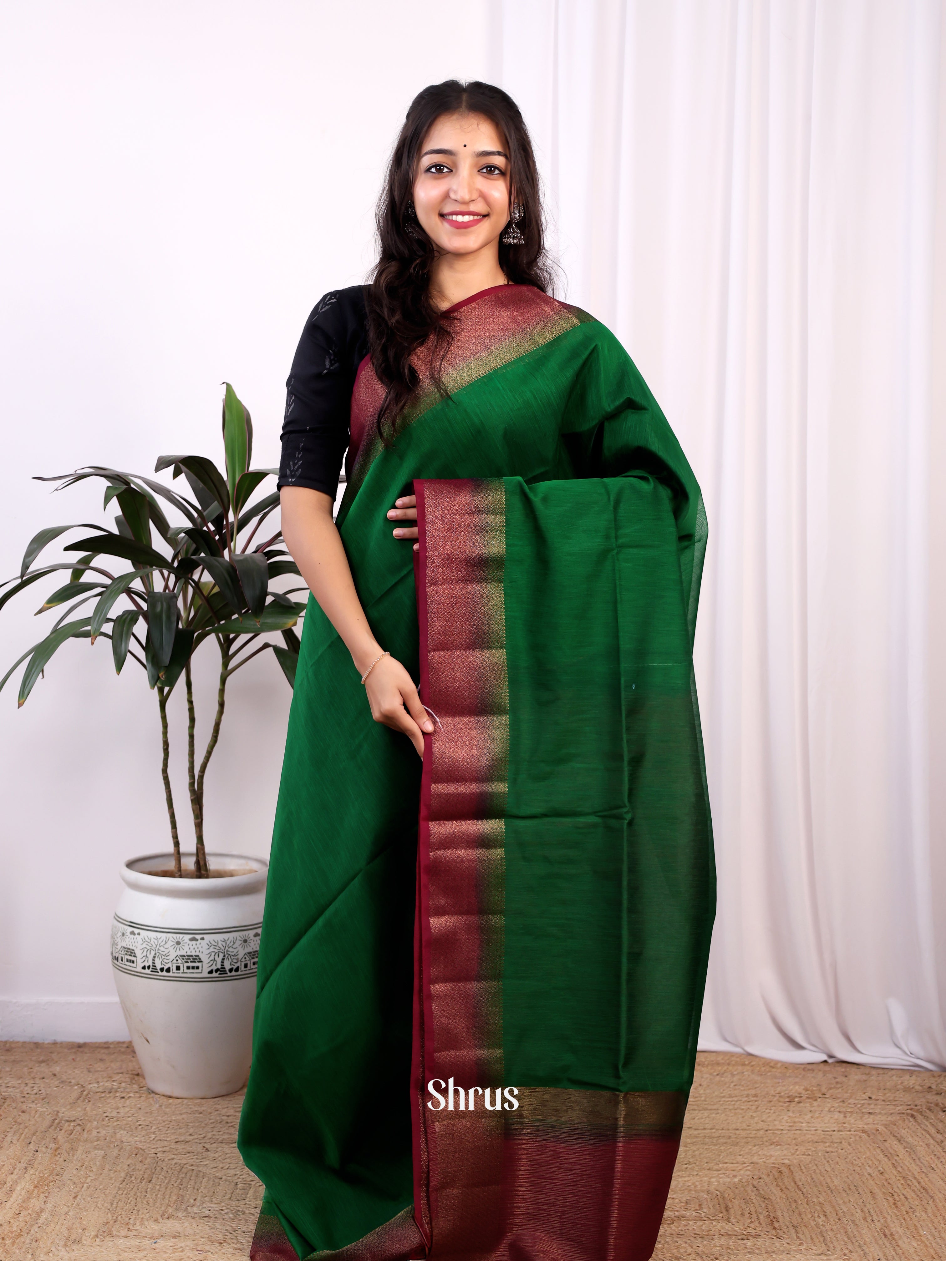 Green & Maroon - Semi Jute Saree - Shop on Shrus.com