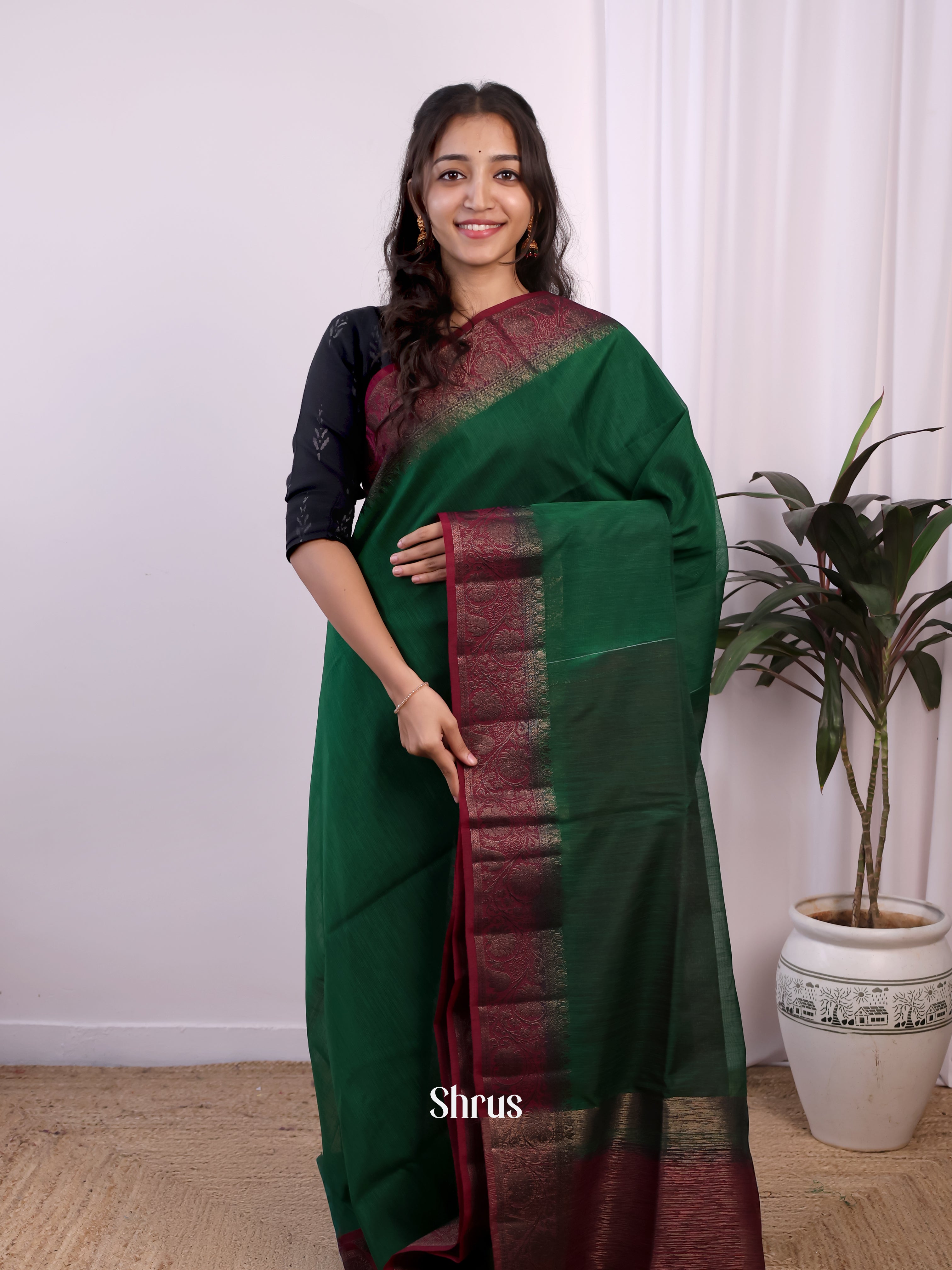 Dark Green & Maroon - Semi Jute Saree - Shop on Shrus.com