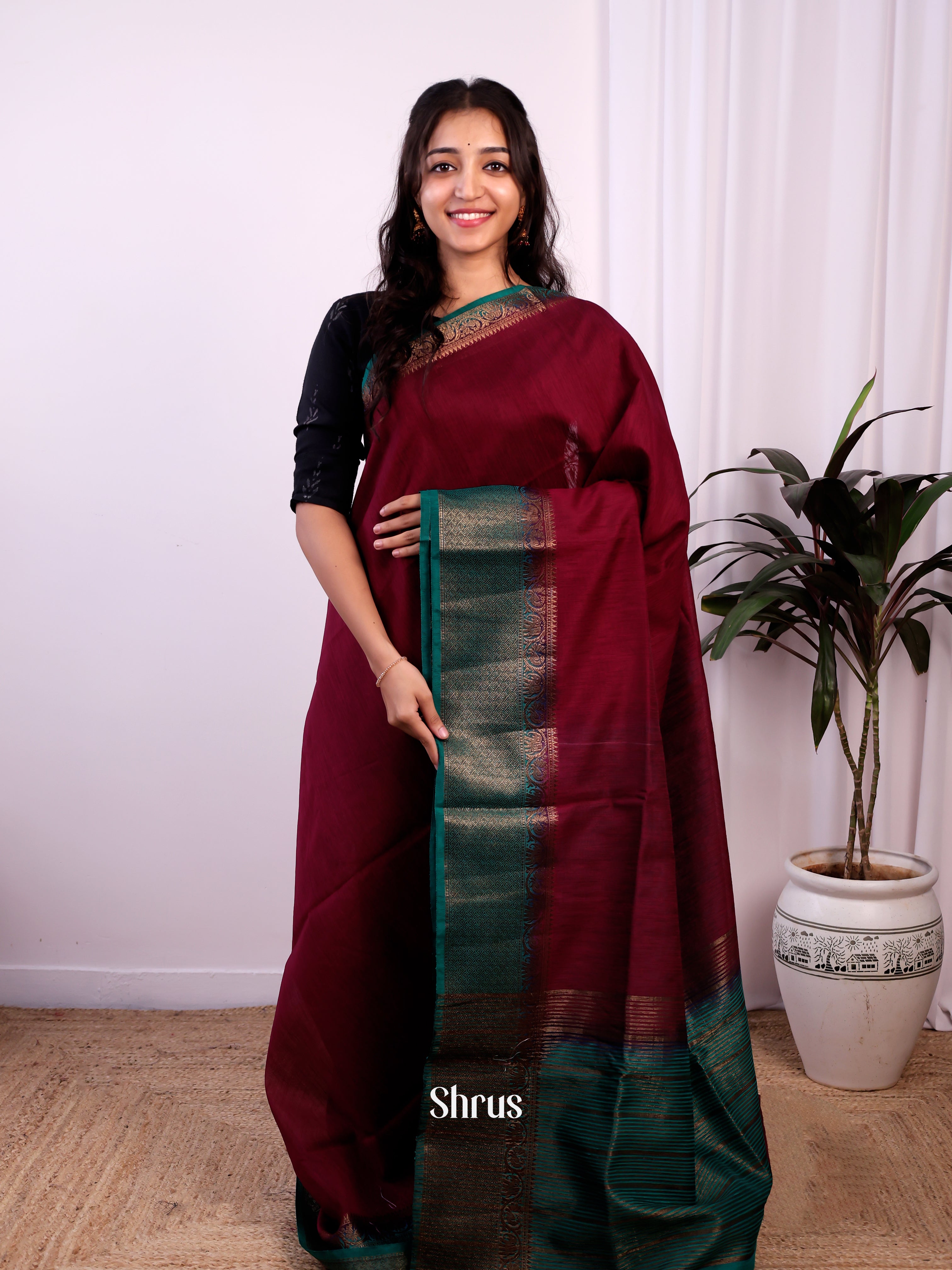 Maroon & Peacock Green - Semi Jute Saree - Shop on Shrus.com