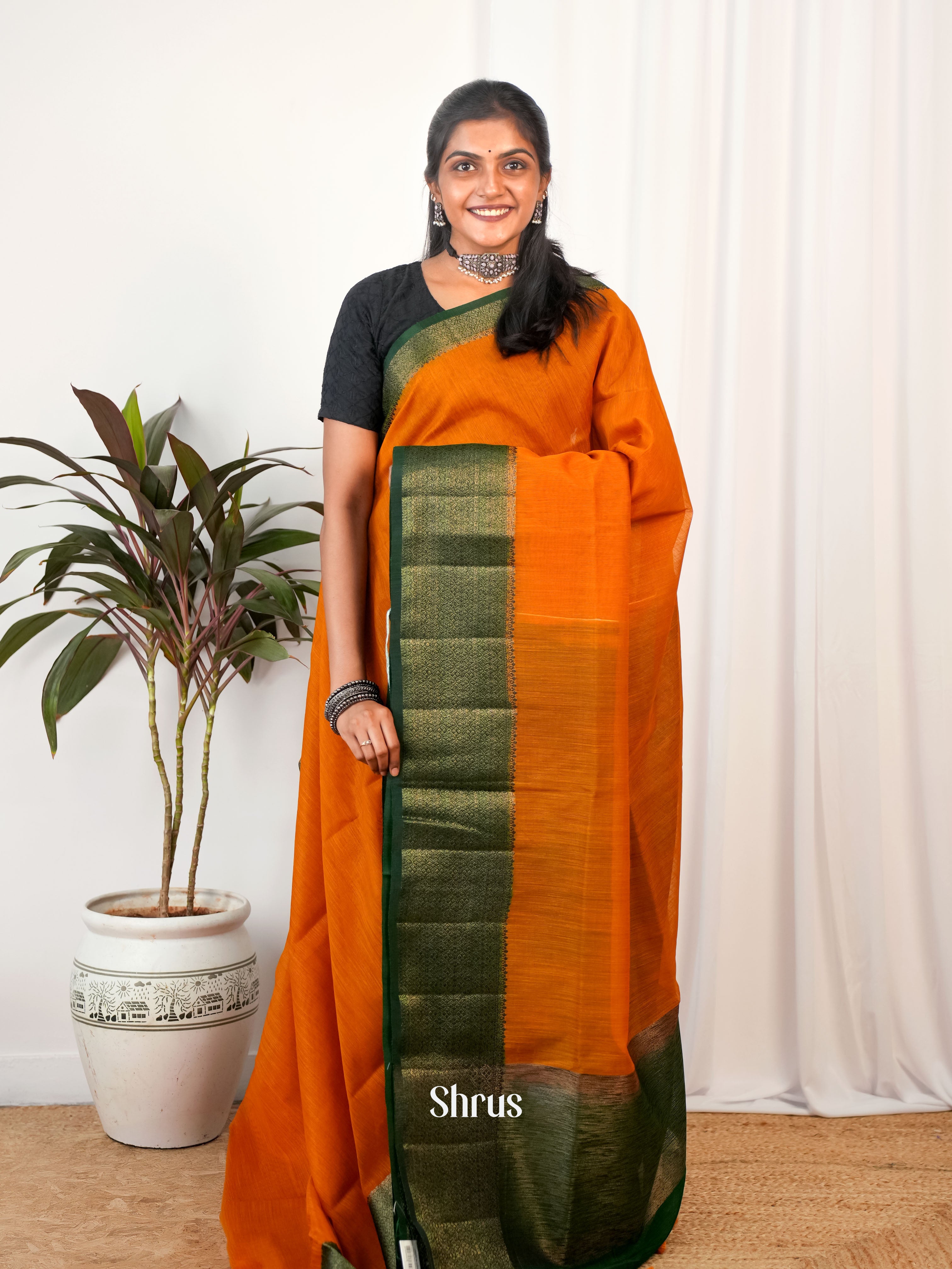 Orange & Green- Semi Jute Saree - Shop on Shrus.com