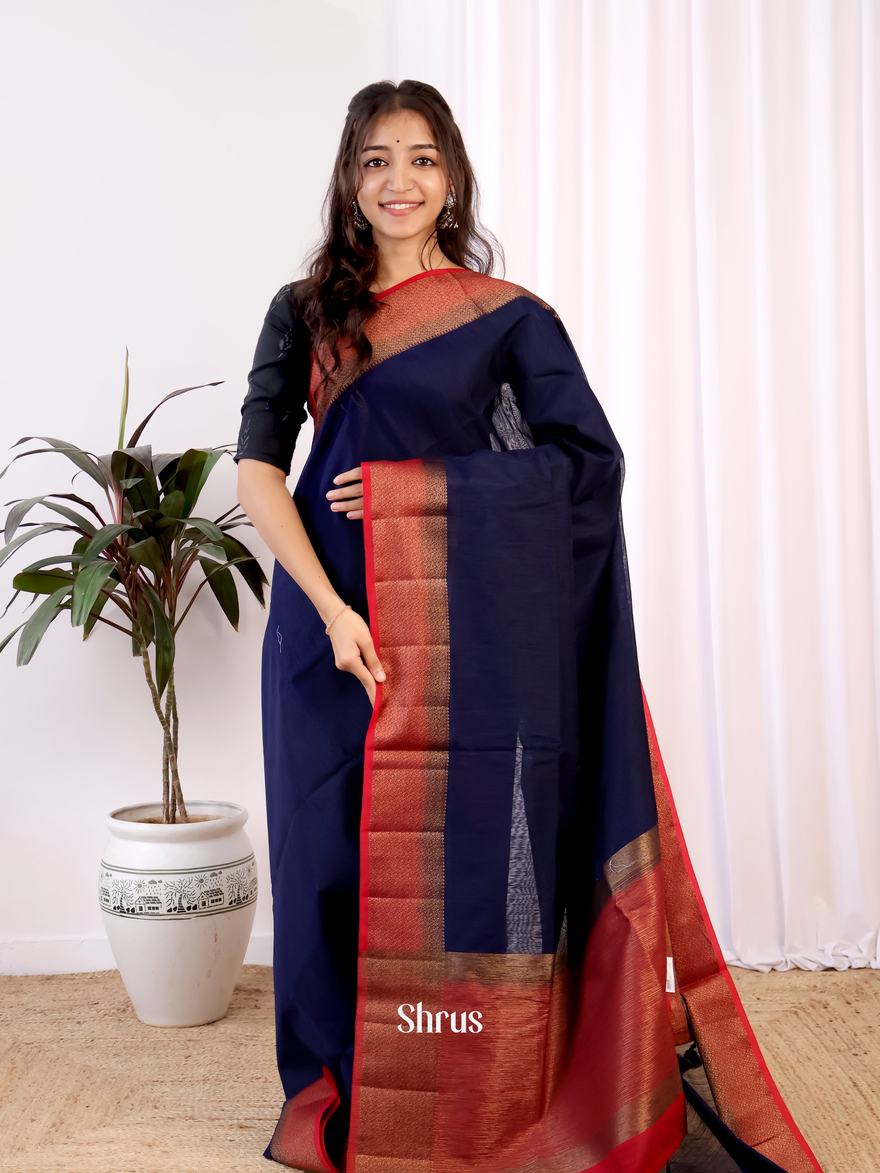 Blue & Red - Semi Jute Saree - Shop on Shrus.com