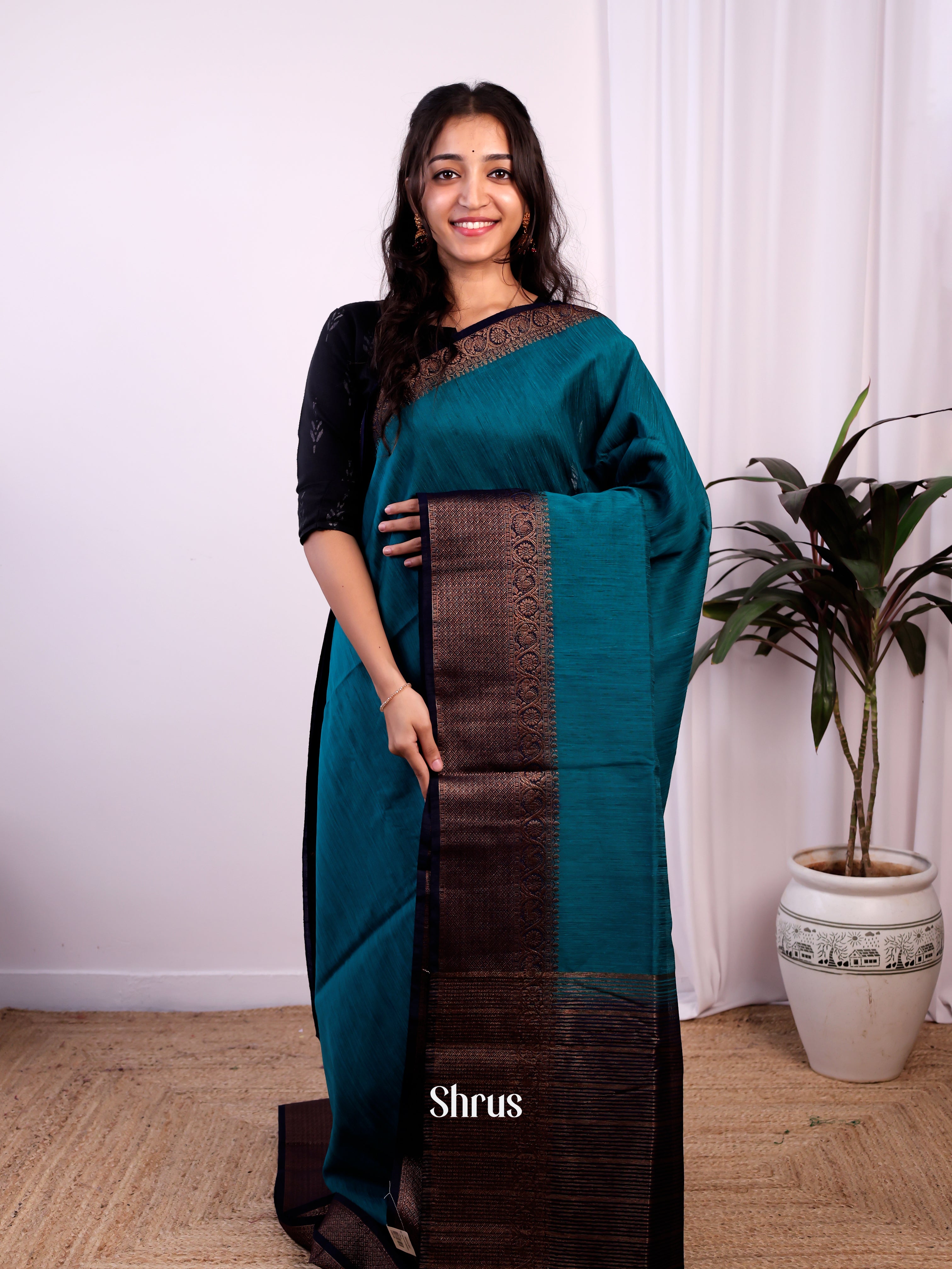 Blue & Navy Blue - Semi Jute Saree - Shop on Shrus.com