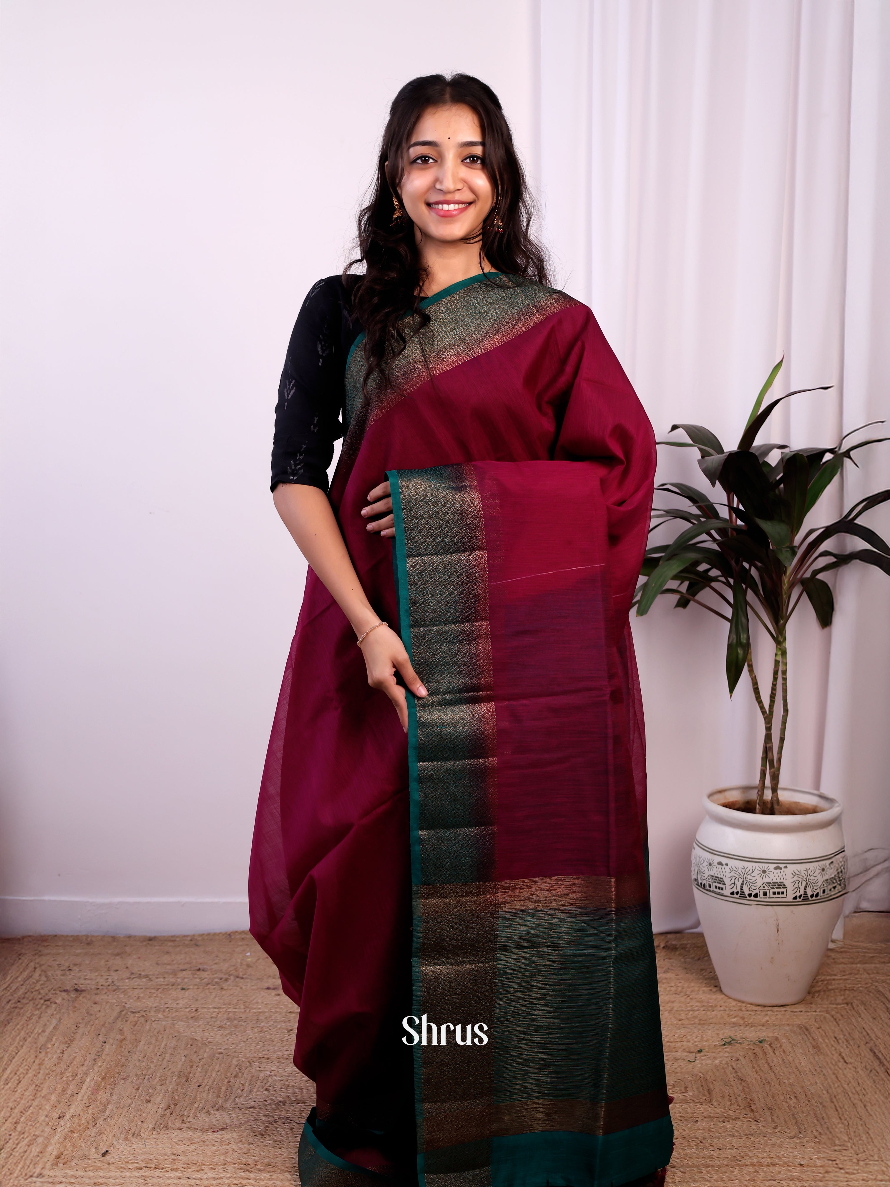 Maroon & Peacock Green- Semi Jute Saree - Shop on Shrus.com