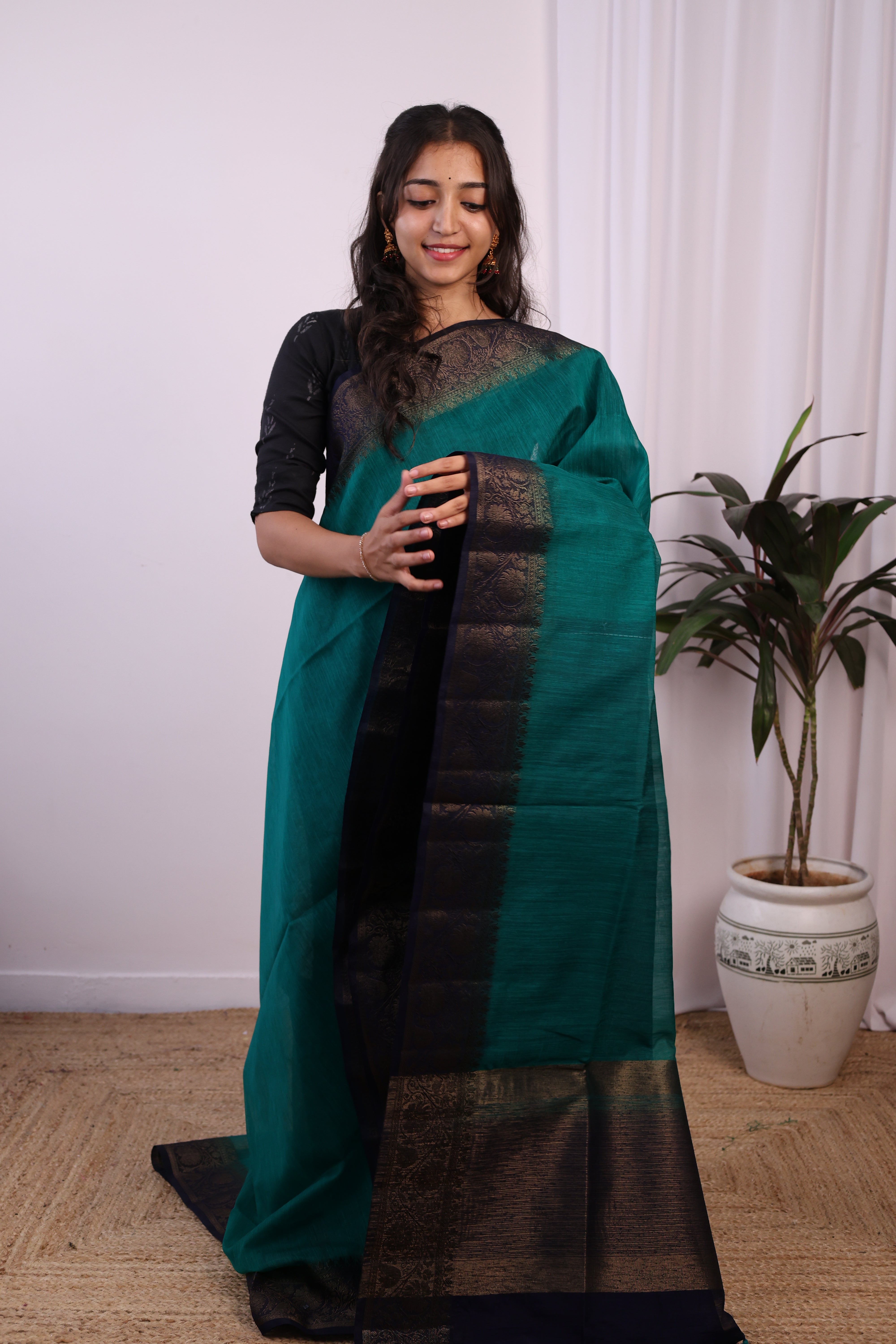 Blue & Navy Blue - Semi Jute Saree - Shop on Shrus.com