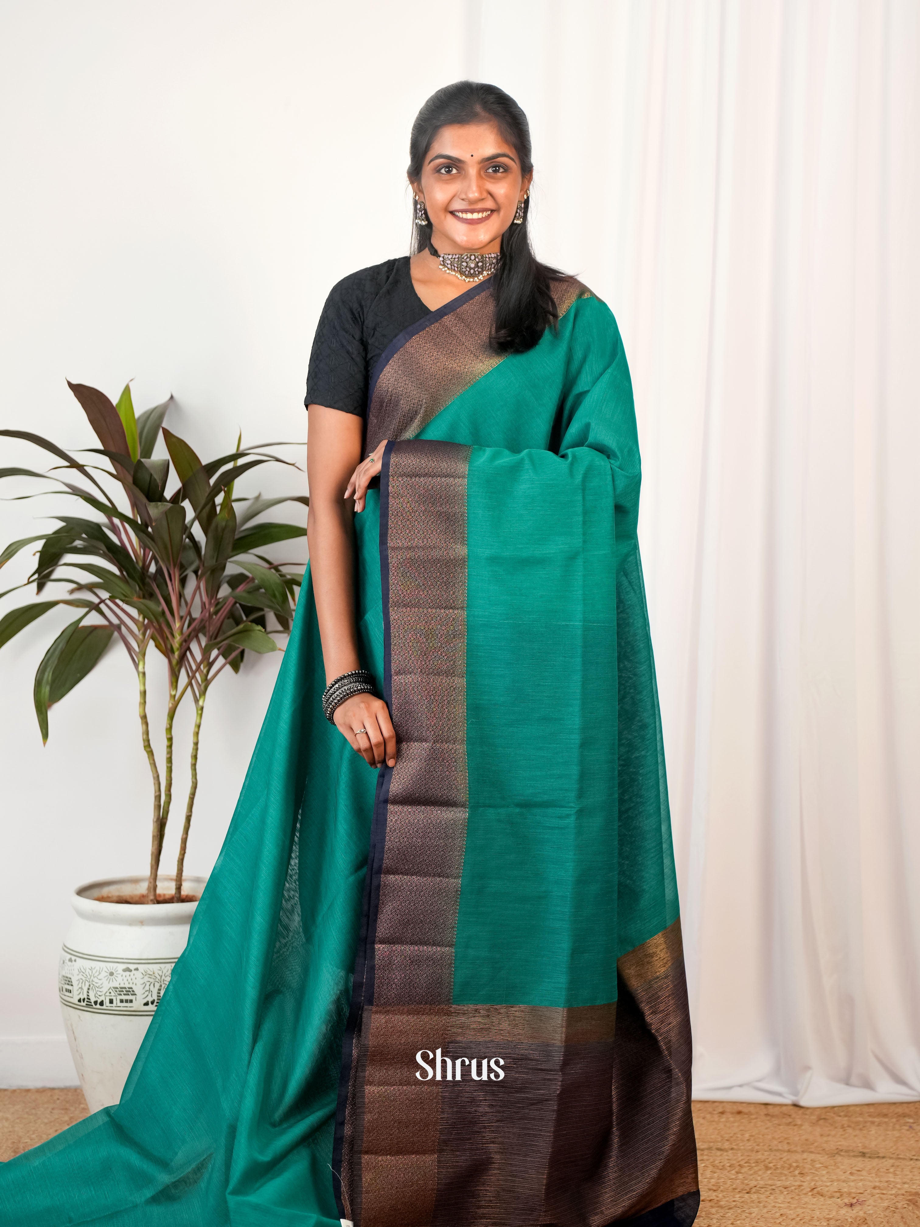 Green & Blue - Semi Jute Saree - Shop on Shrus.com