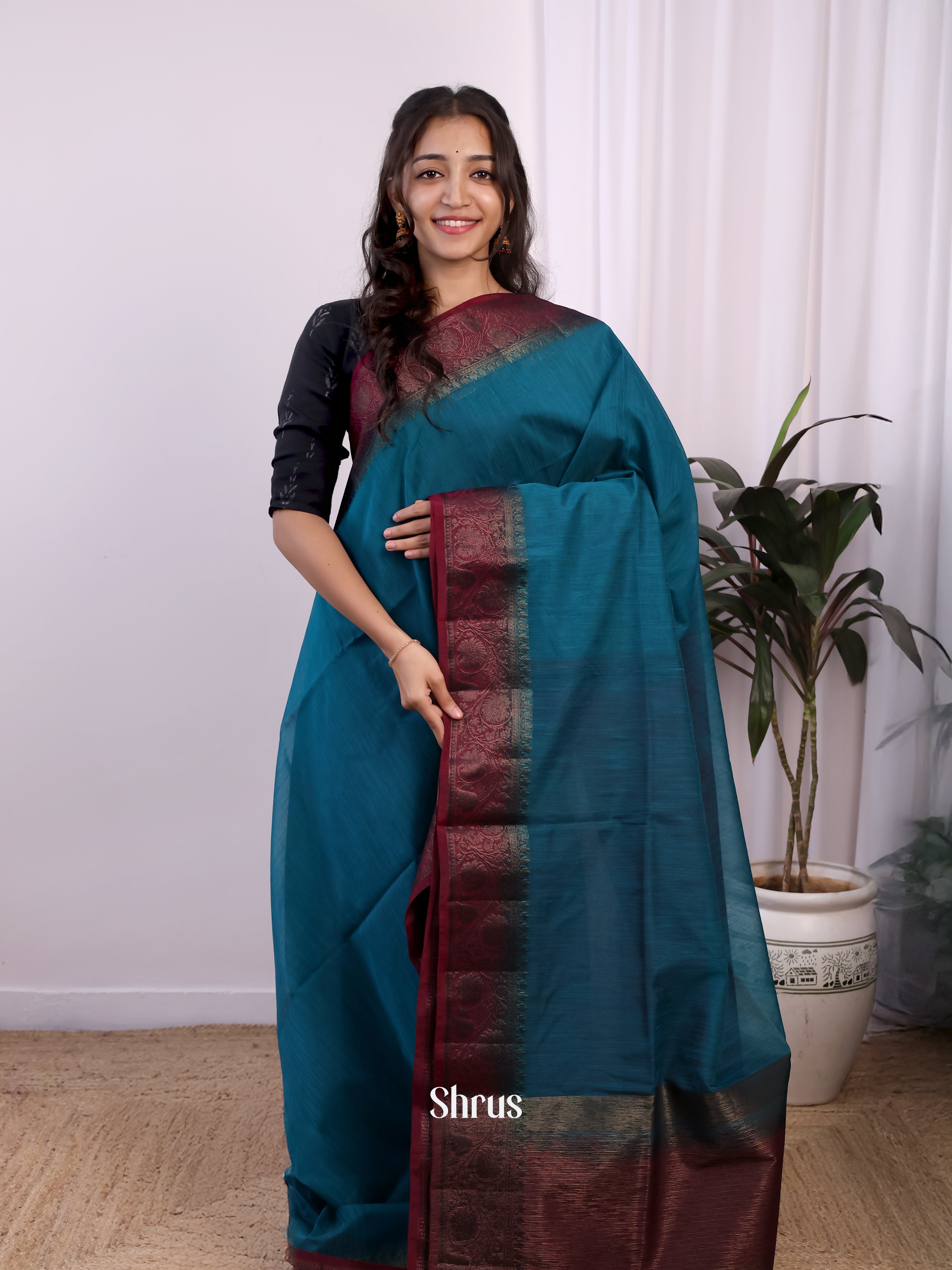 Blue & Wine - Semi Jute Saree - Shop on Shrus.com