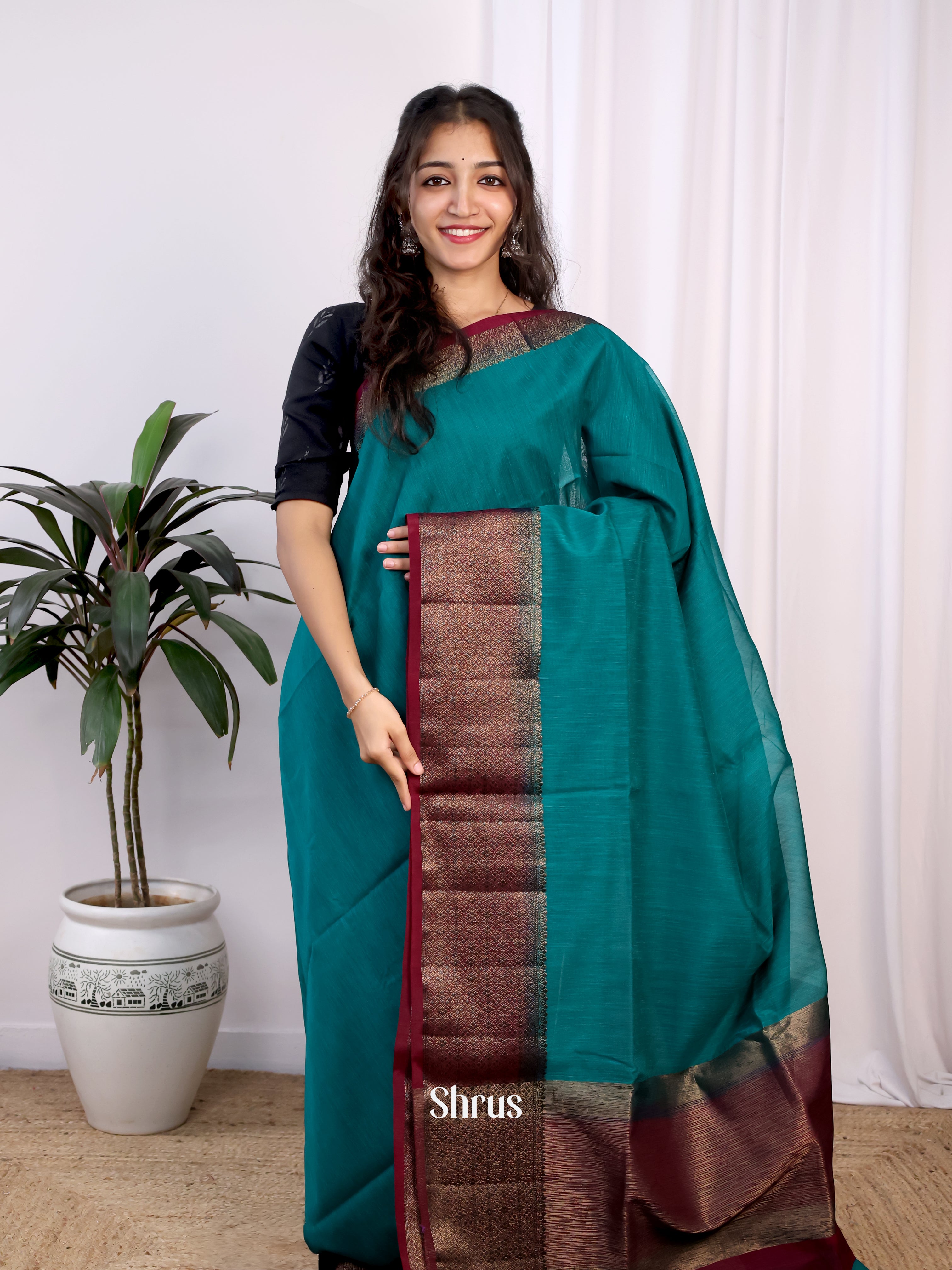 Teal & Maroon - Semi Jute Saree - Shop on Shrus.com