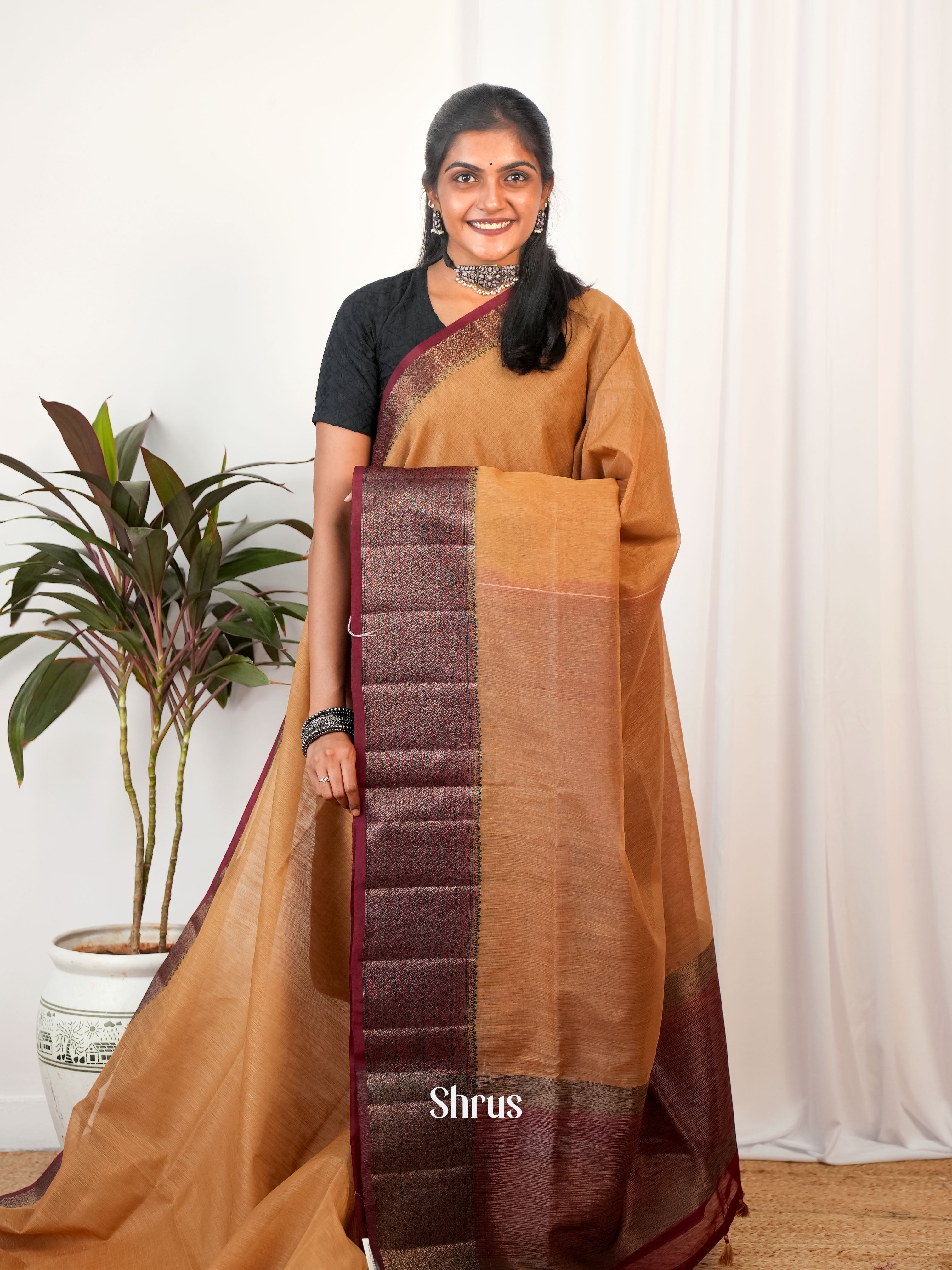 Brown & Maroon - Semi Jute Saree - Shop on Shrus.com