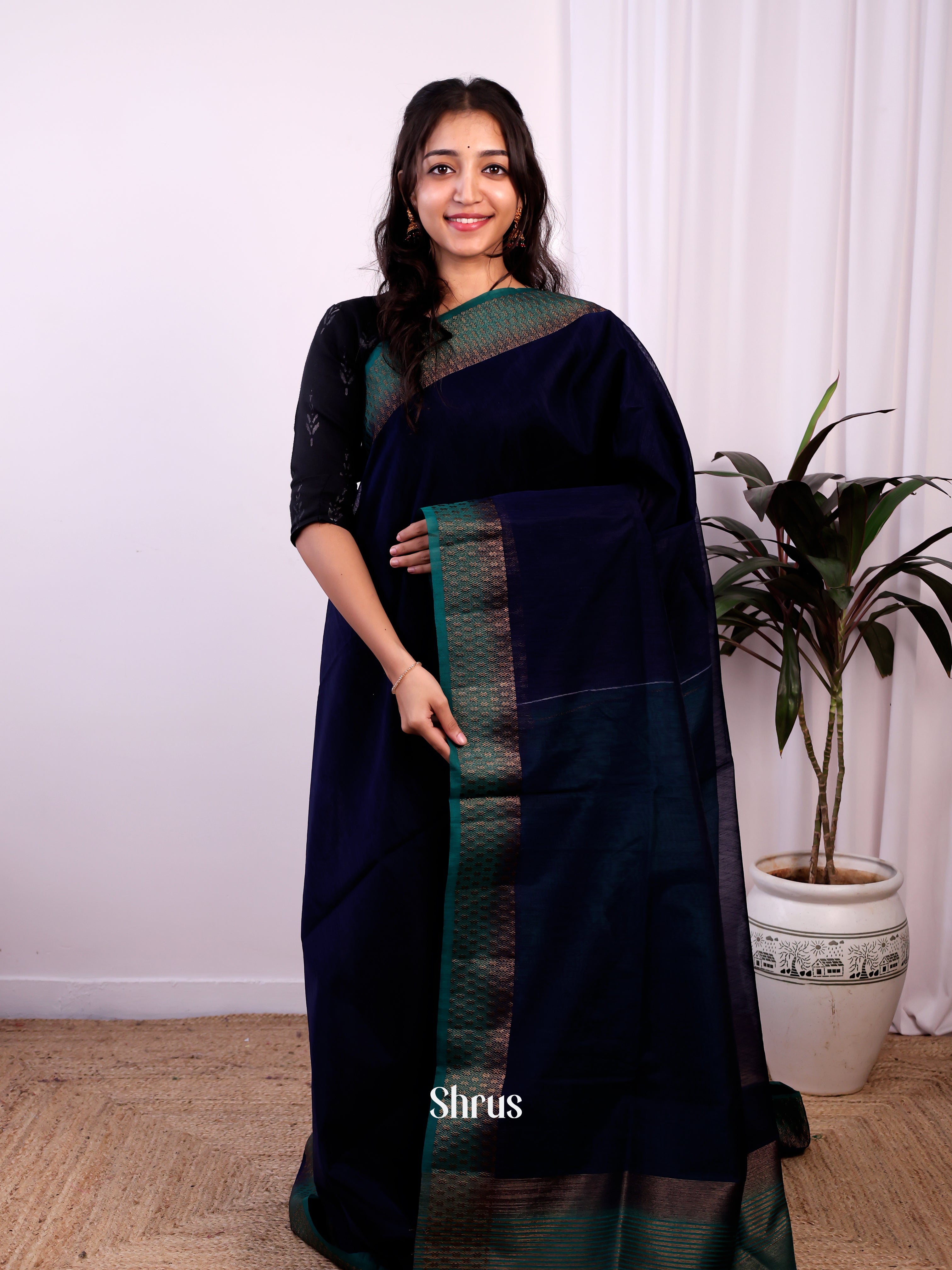 Navy blue & Blue - Semi Jute Saree - Shop on Shrus.com