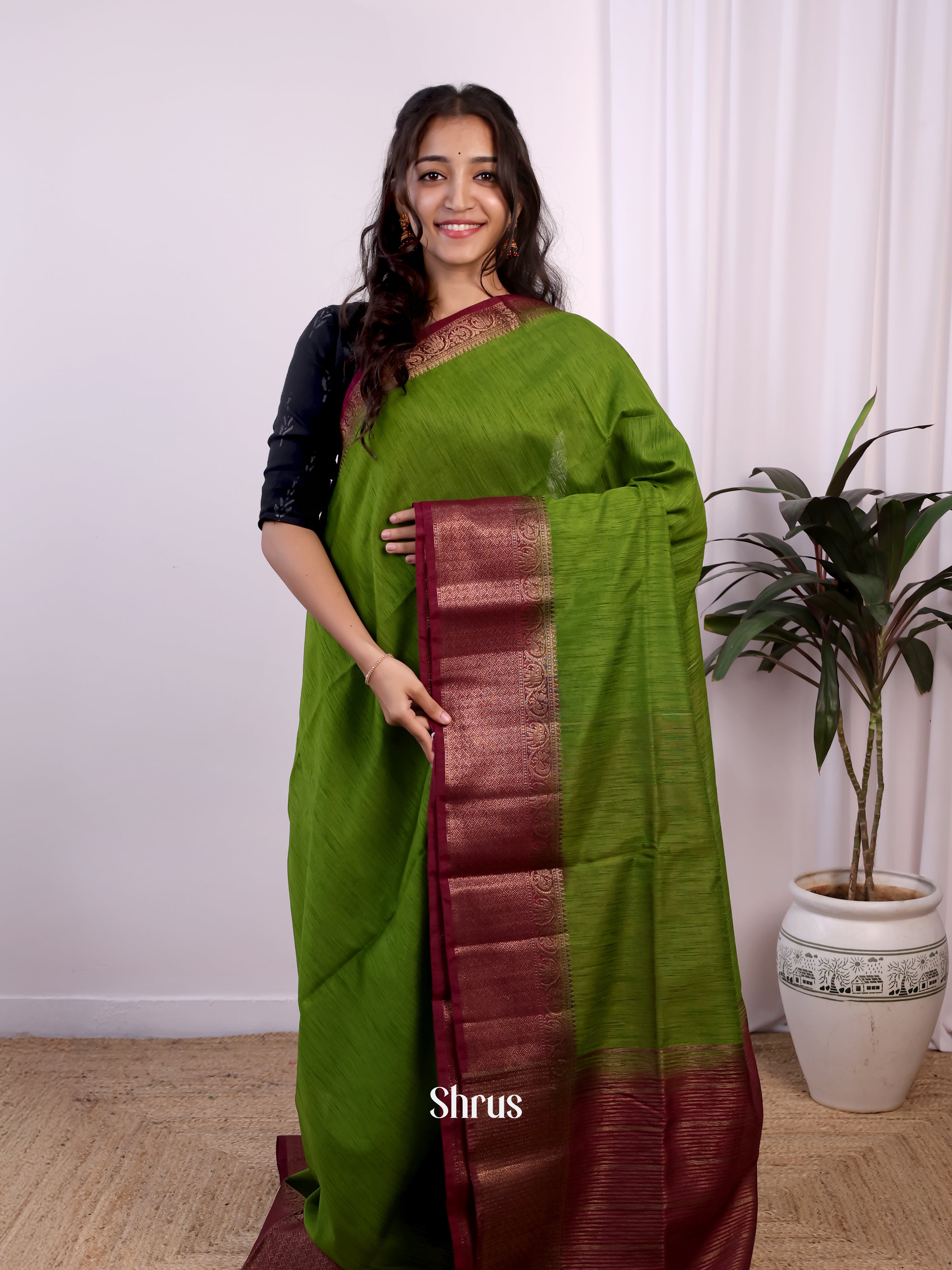 Green & Maroon - Semi Jute Saree - Shop on Shrus.com