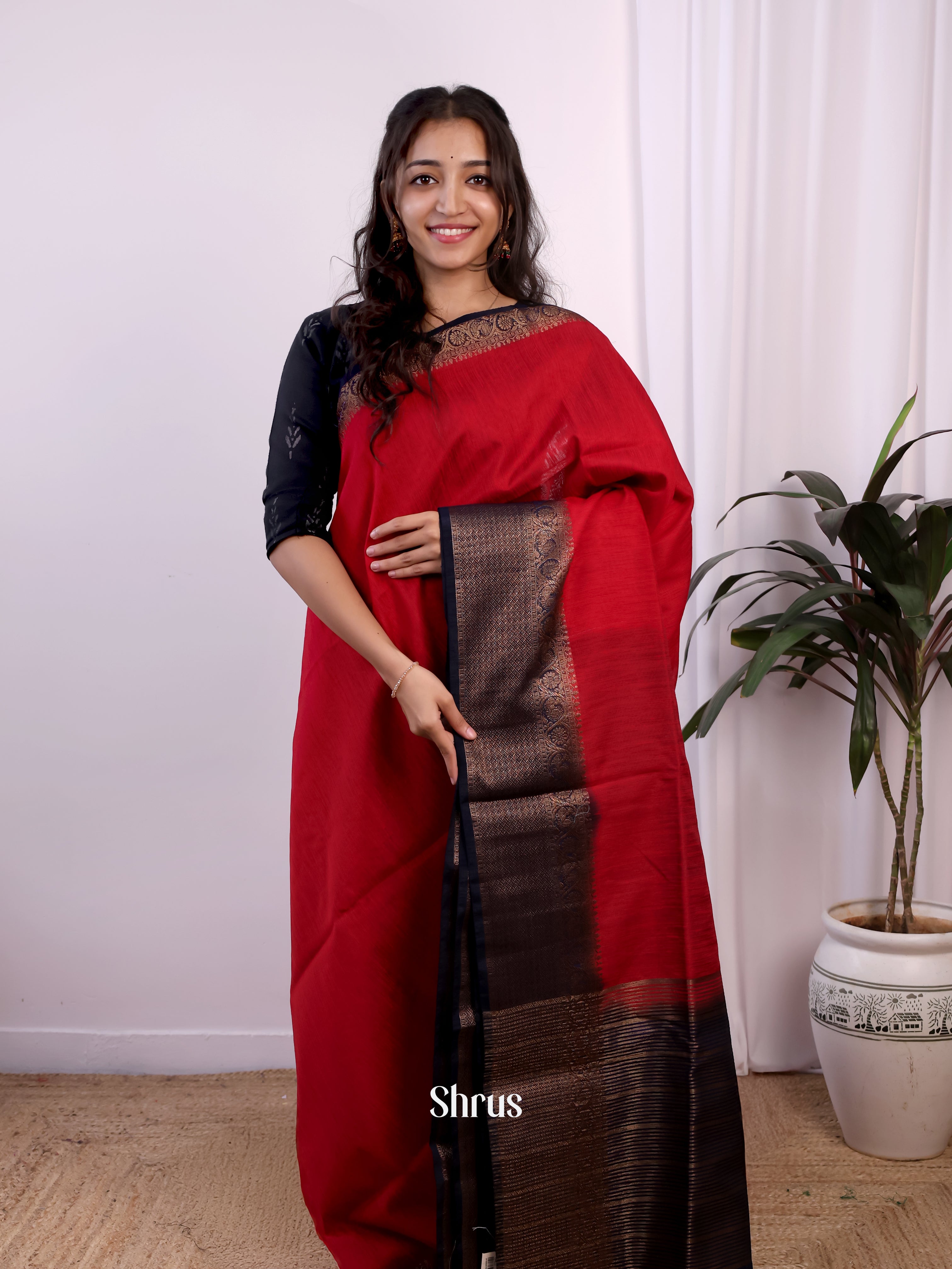 Red & Blue - Semi Jute Saree - Shop on Shrus.com