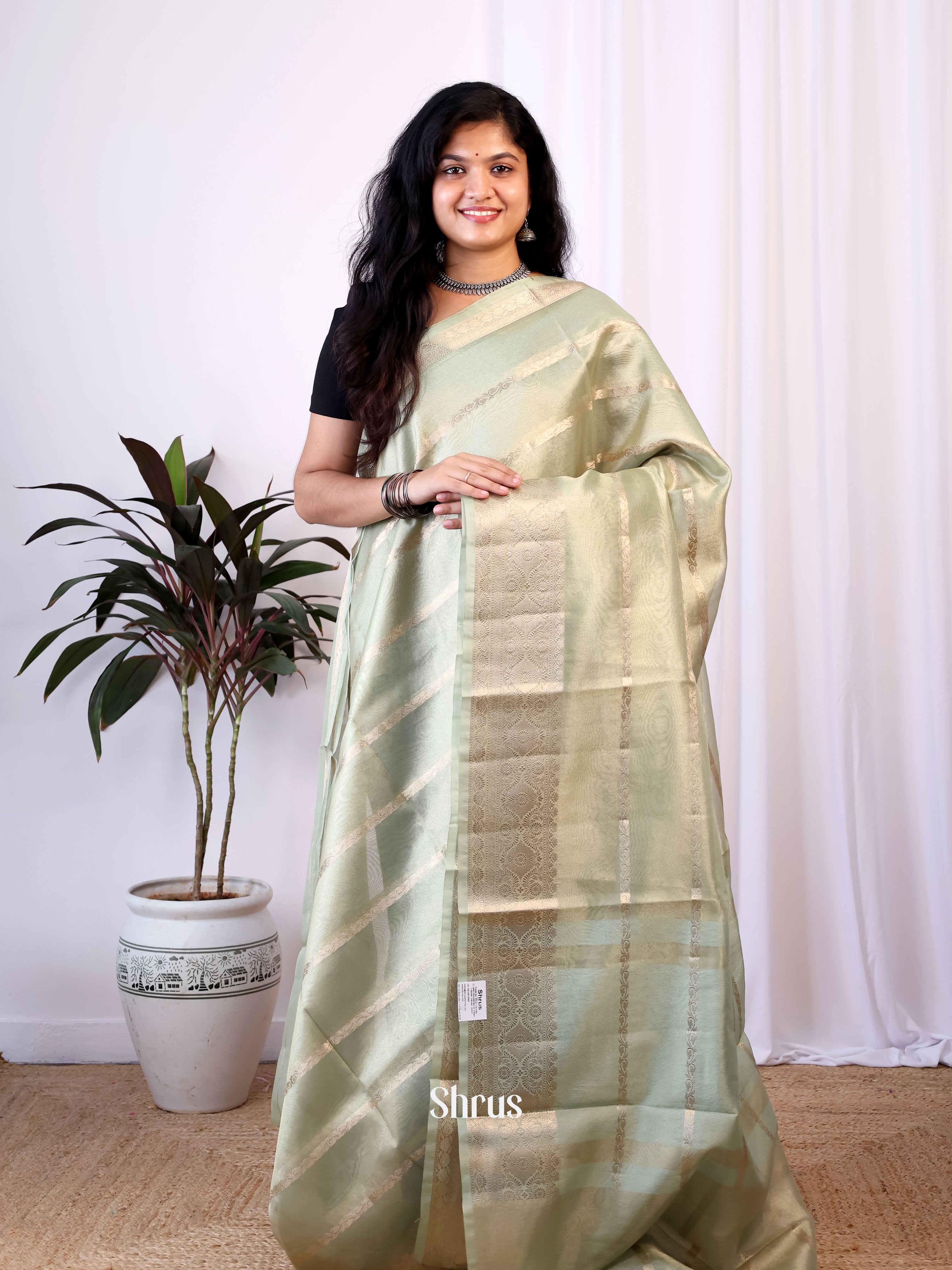 Green - Semi Tissue Saree - Shop on Shrus.com