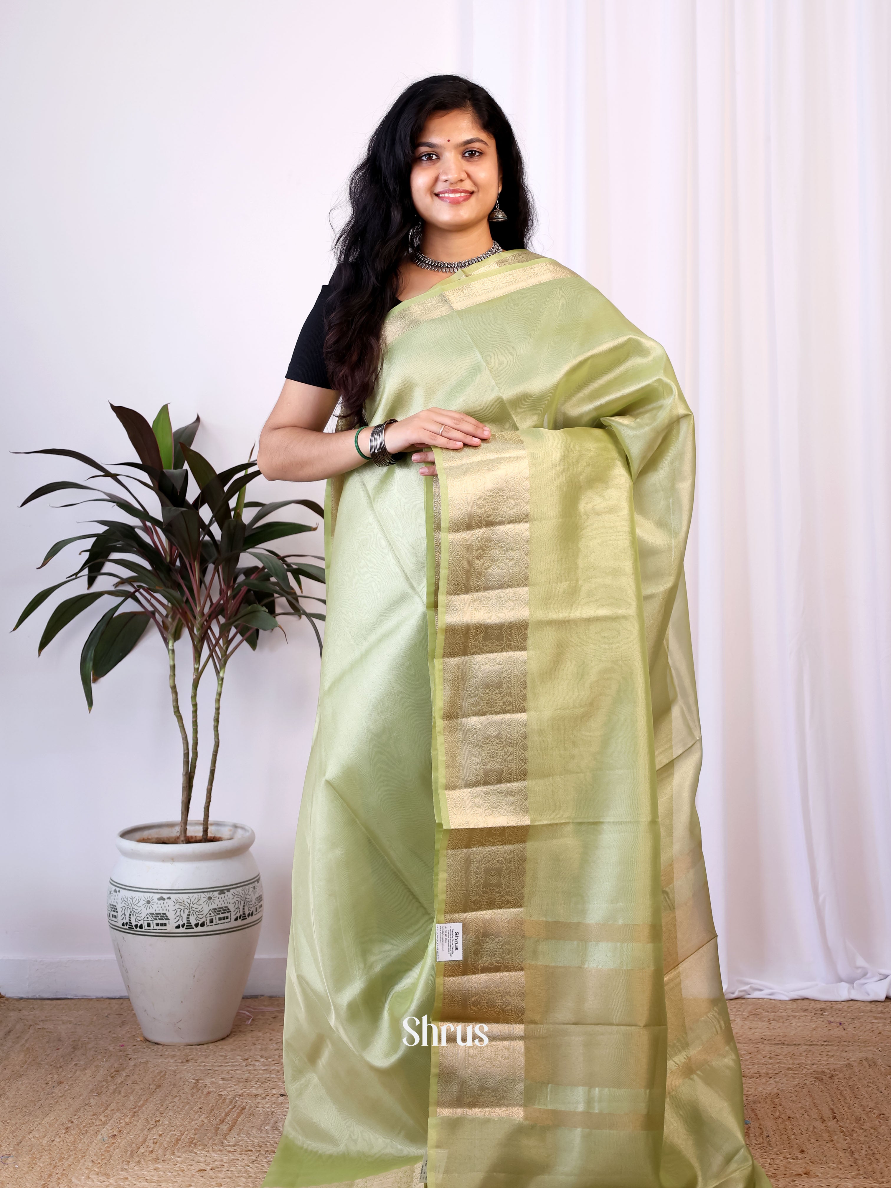 Green - Semi Tissue Saree - Shop on Shrus.com