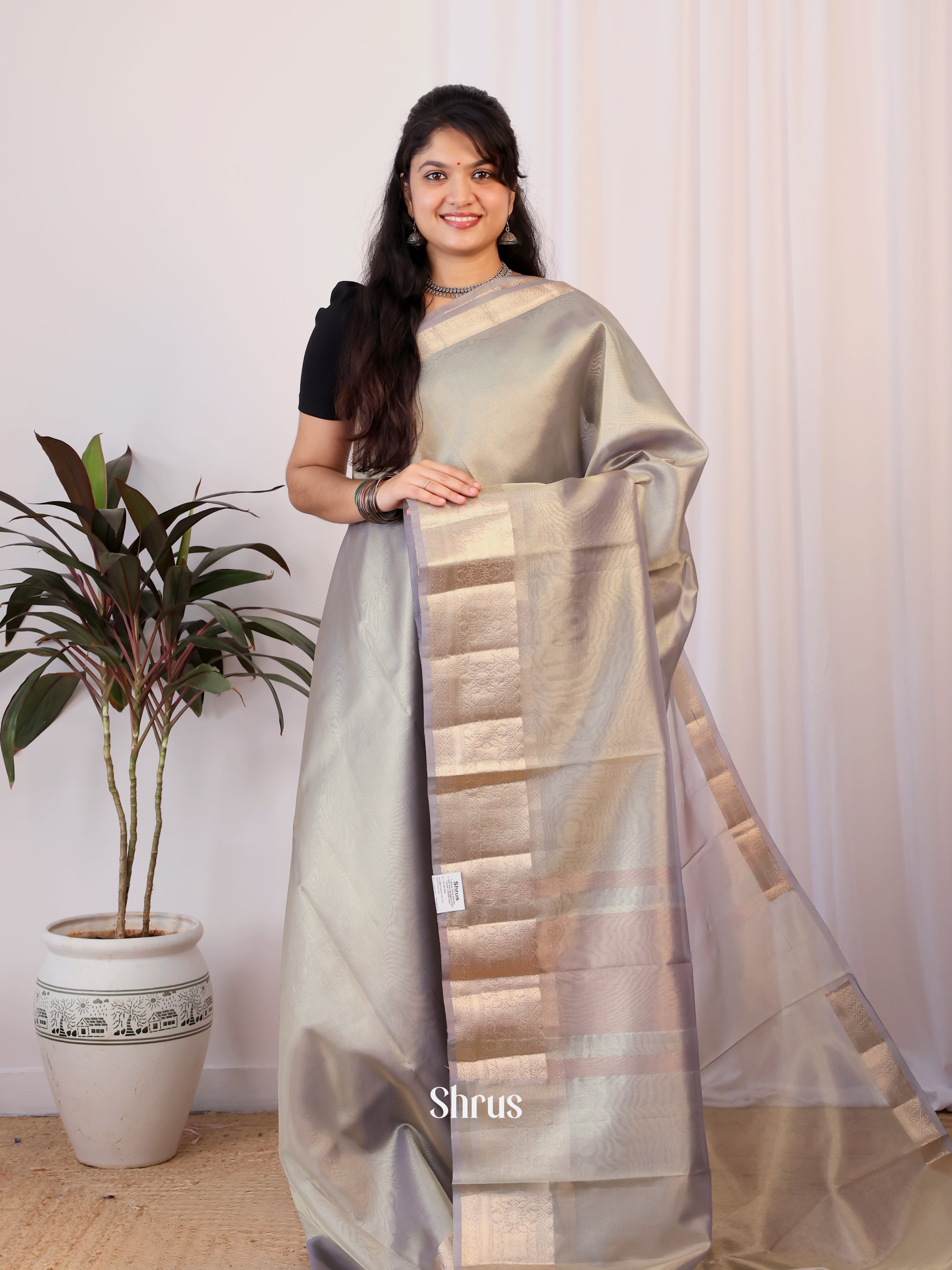 Grey - Semi Tissue Saree - Shop on Shrus.com