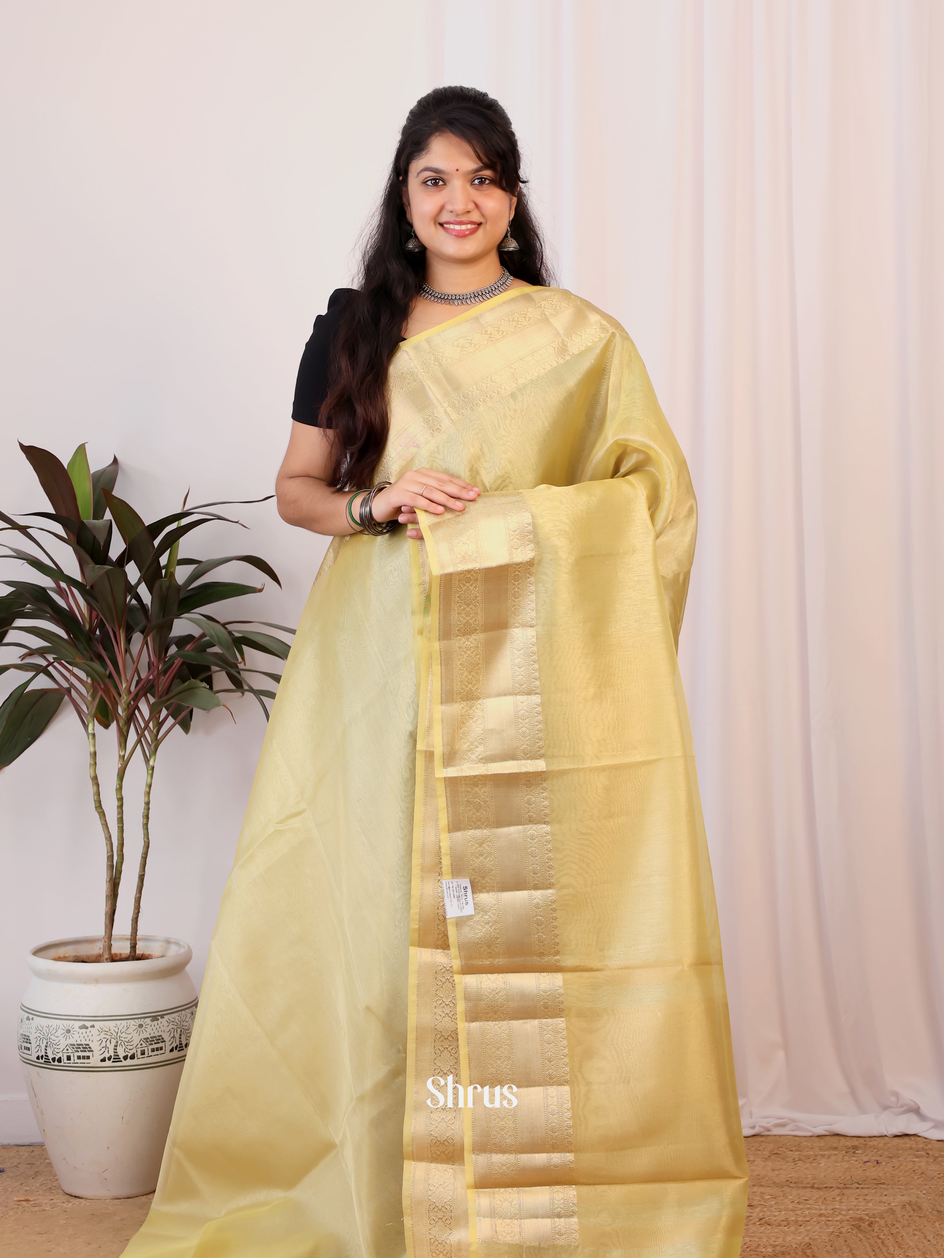 Yellow- Semi Tissue Saree - Shop on Shrus.com