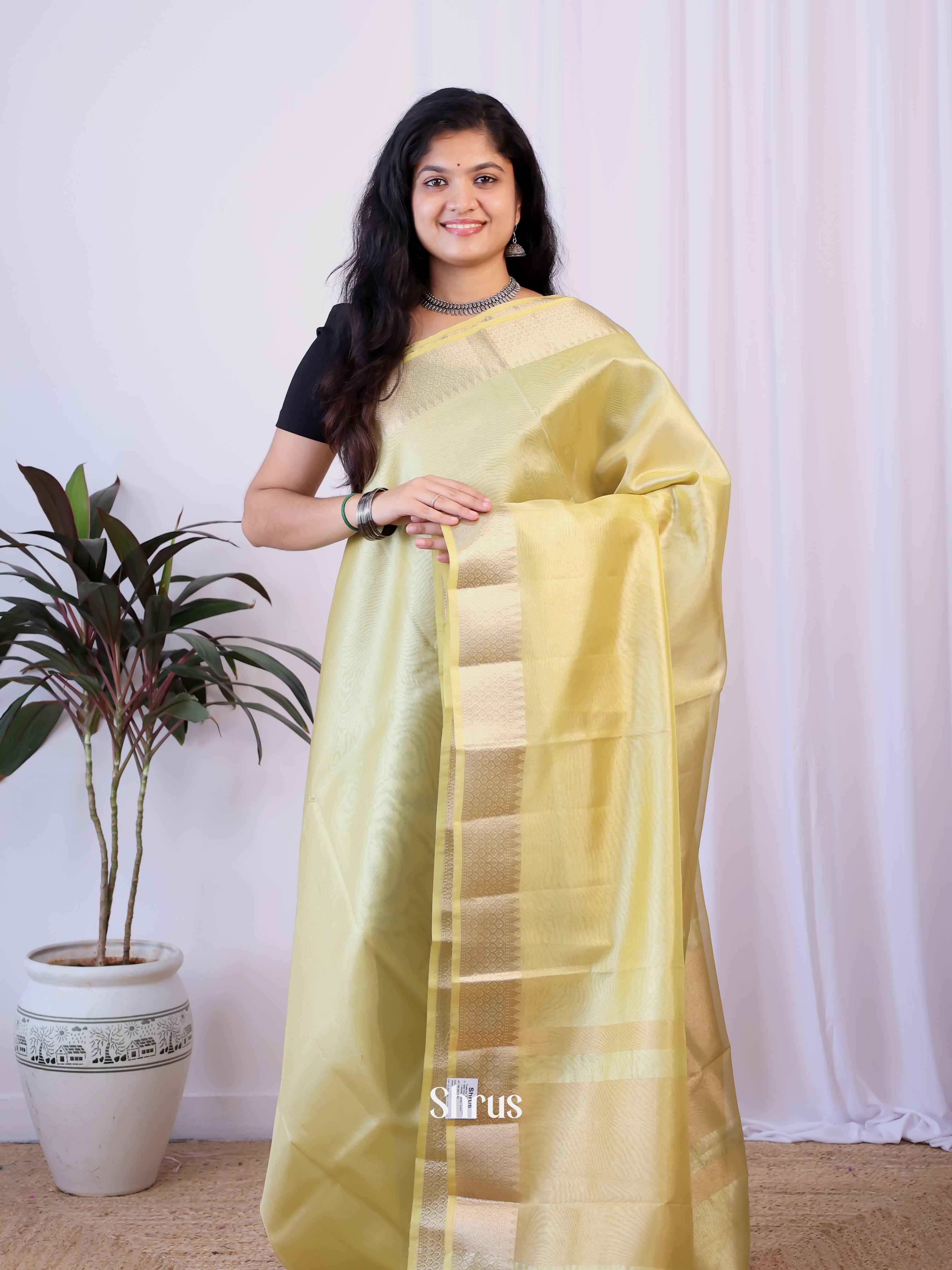 Pastel Yellow - Semi Tissue Saree - Shop on Shrus.com