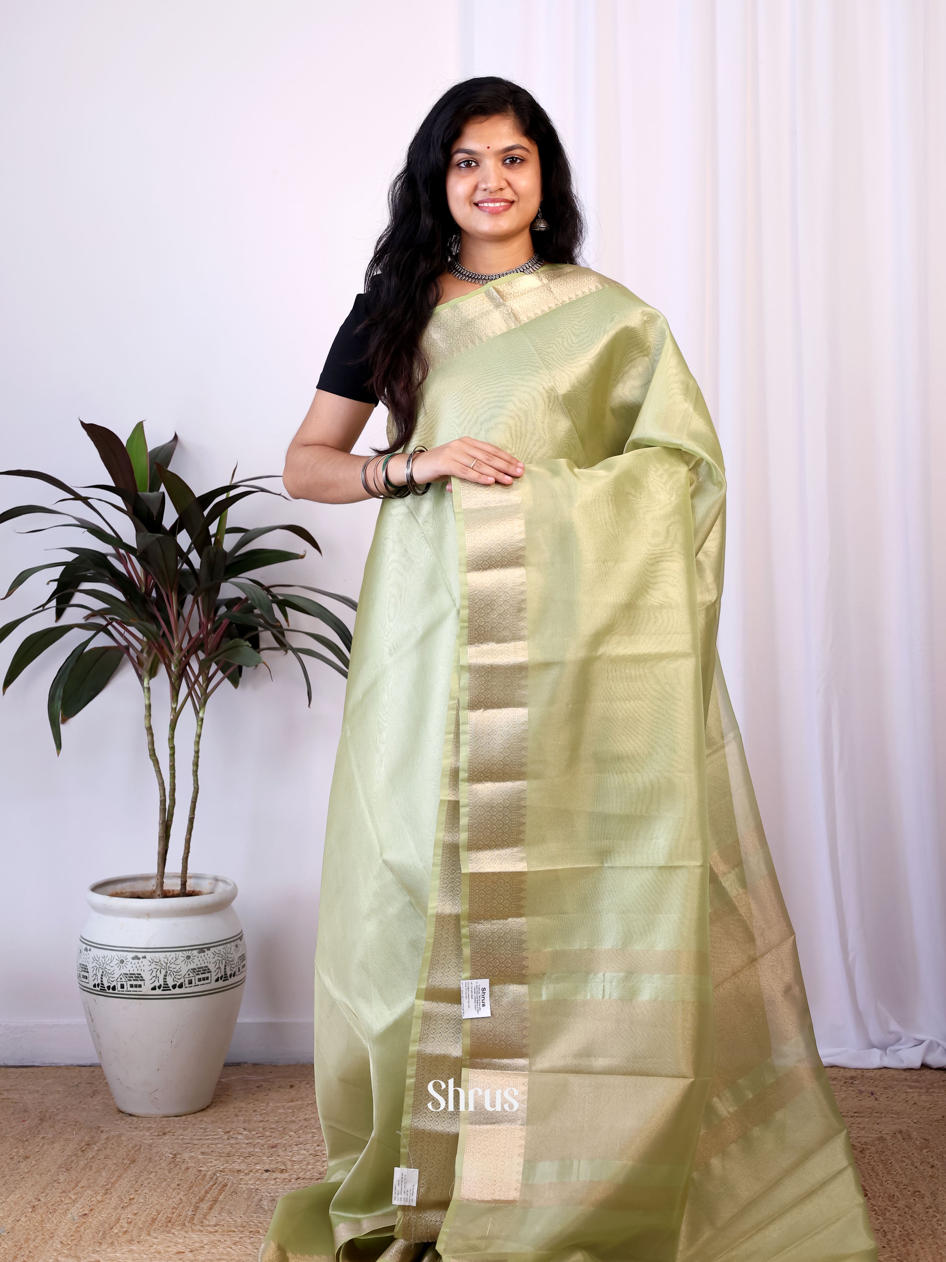 Green - Semi Tissue Saree - Shop on Shrus.com