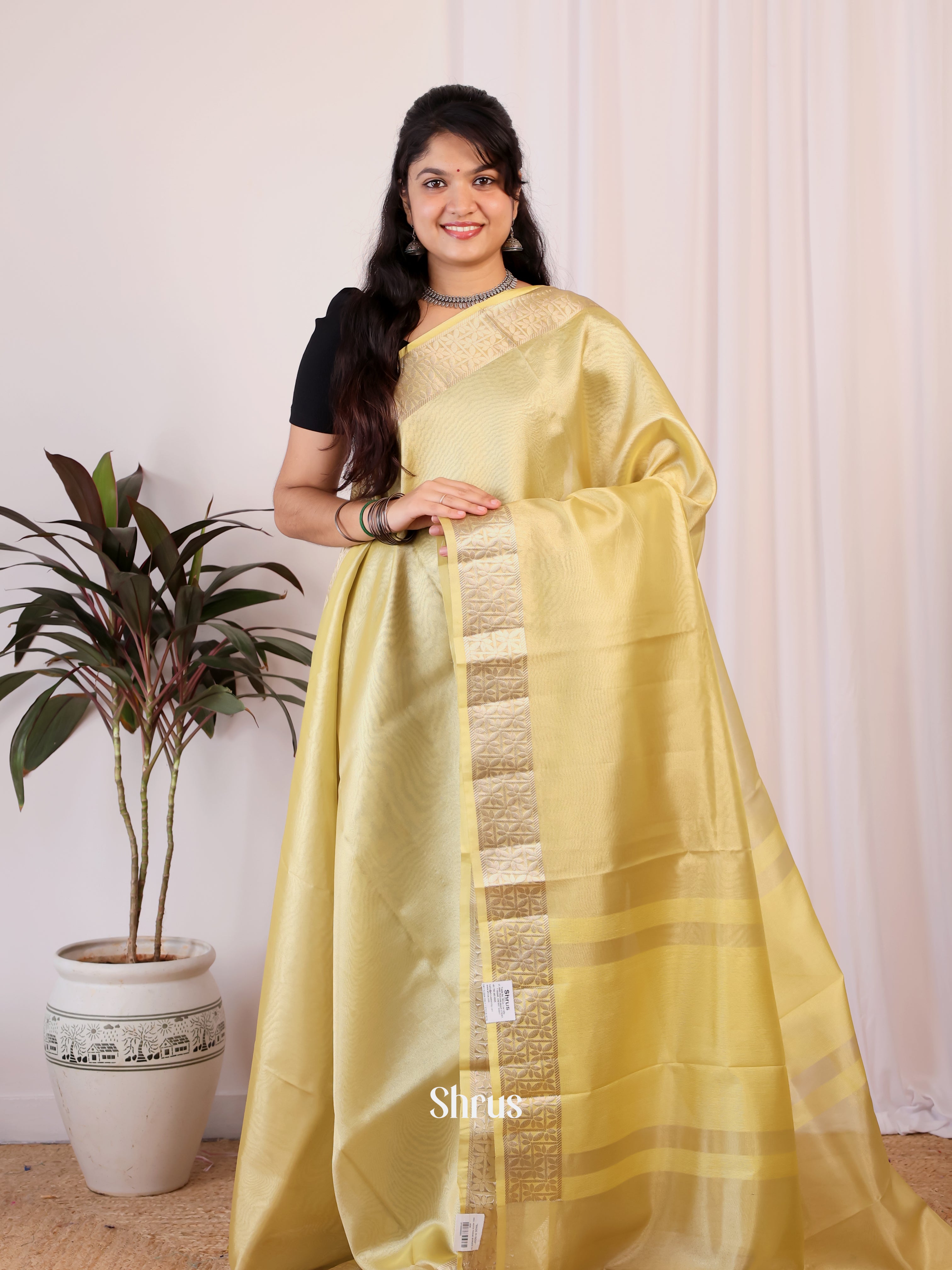 Pastel Yellow - Semi Tissue Saree - Shop on Shrus.com