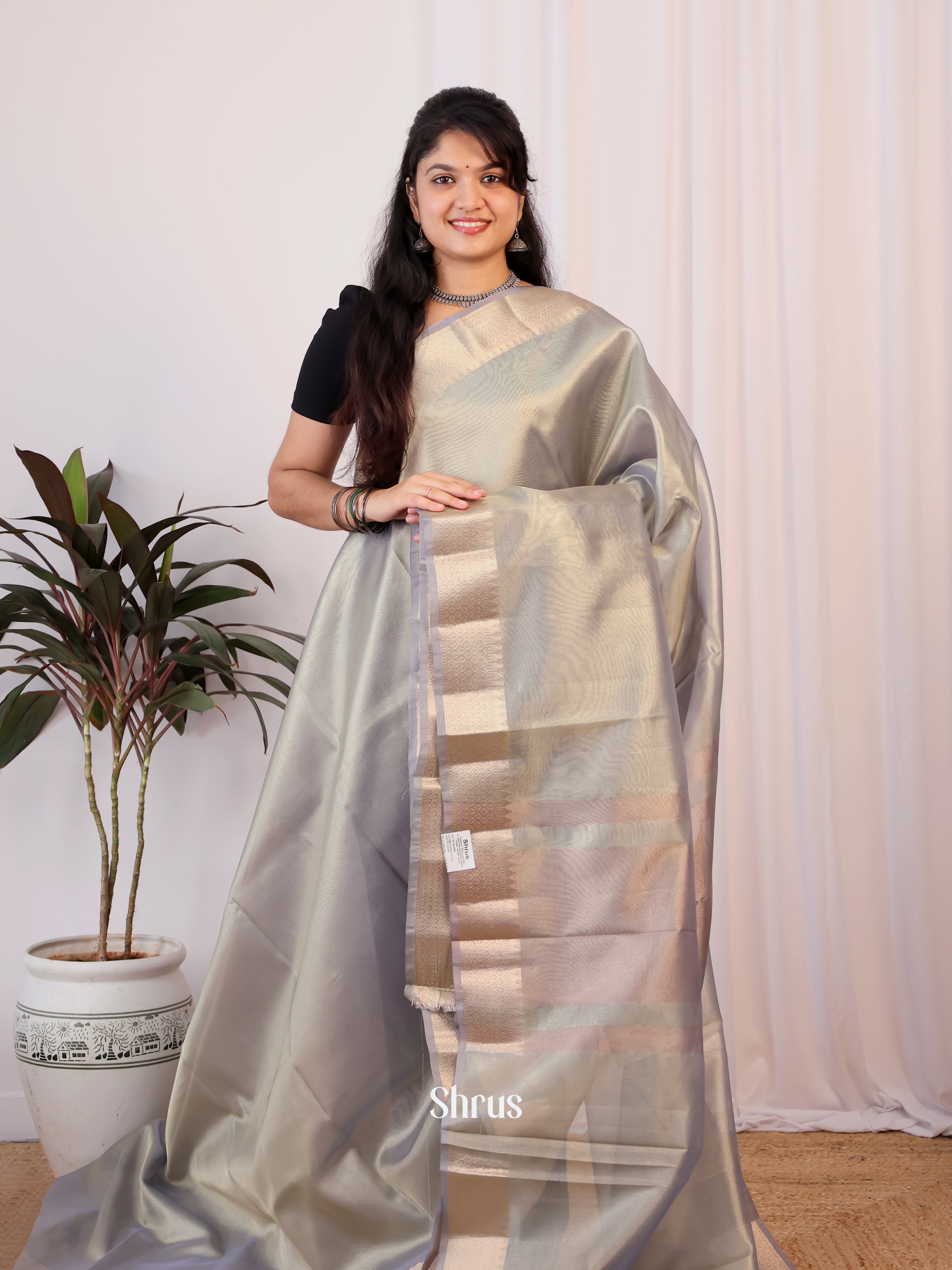 Grey - Semi Tissue Saree - Shop on Shrus.com
