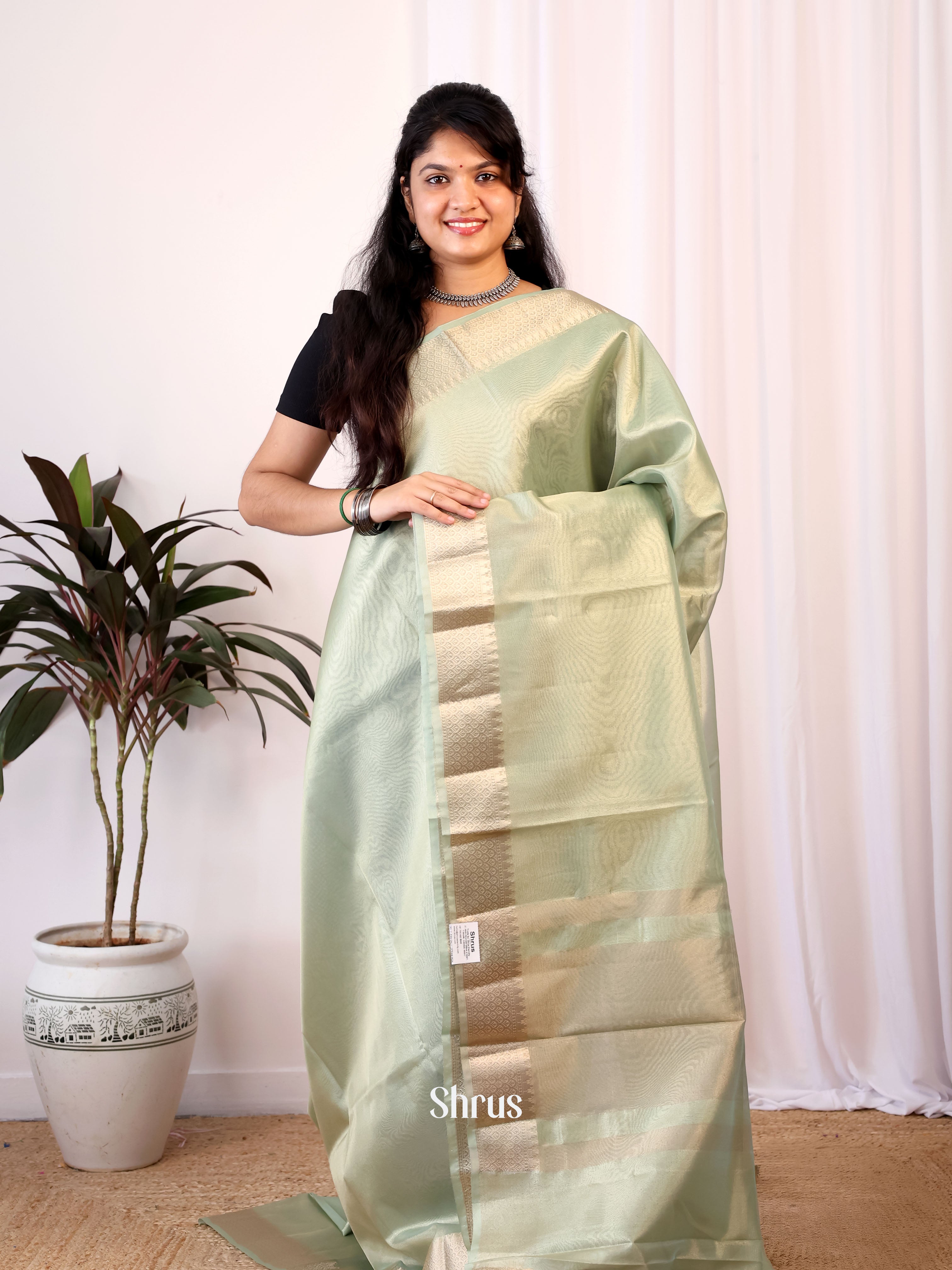 Green - Semi Tissue Saree - Shop on Shrus.com