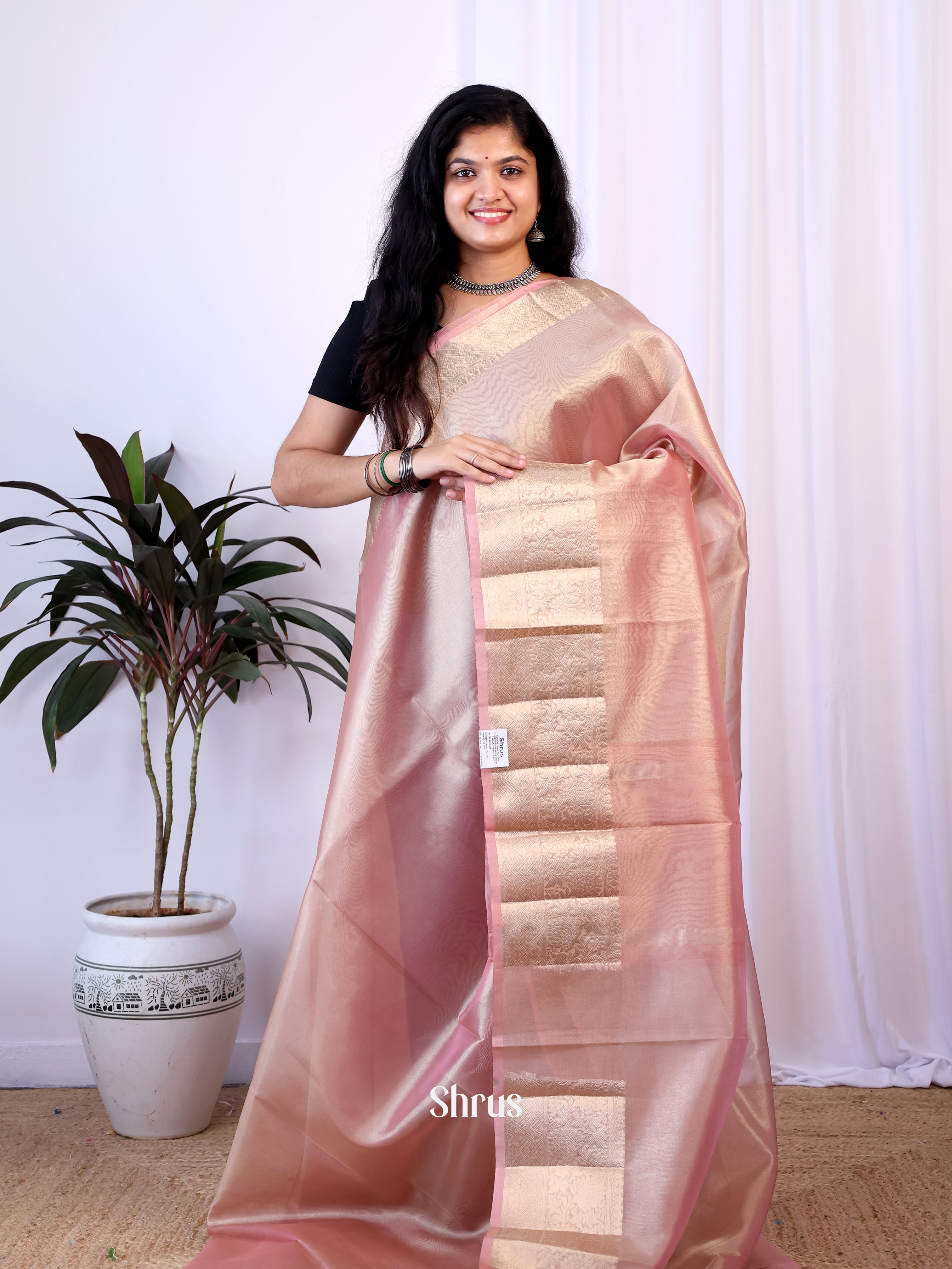 Pink- Semi Tissue Saree - Shop on Shrus.com