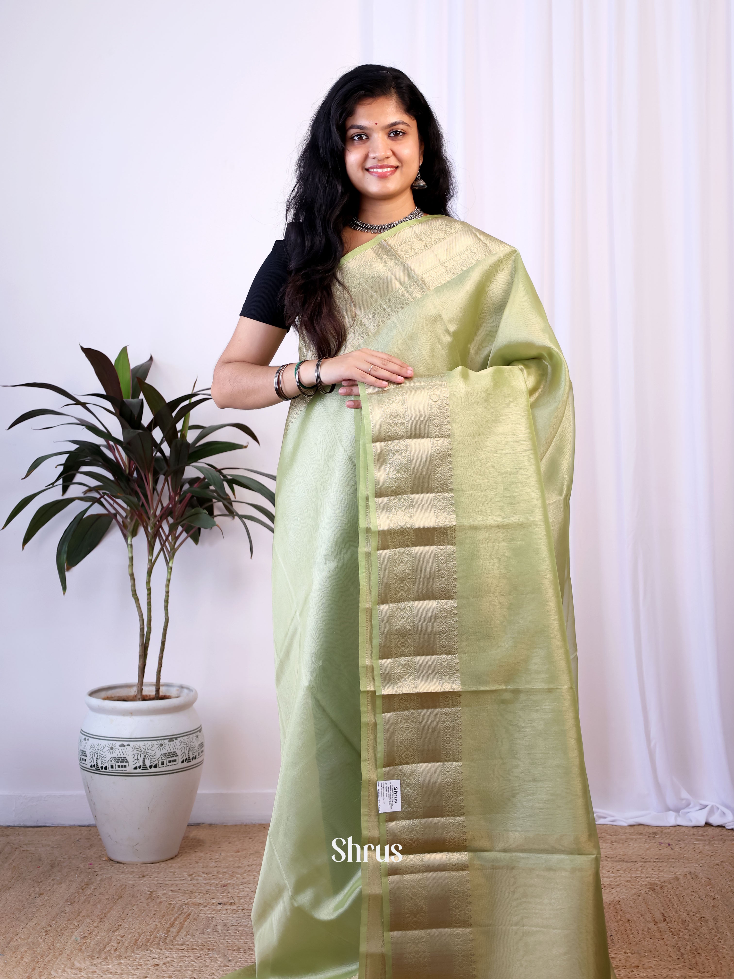 Green - Semi Tissue Saree - Shop on Shrus.com