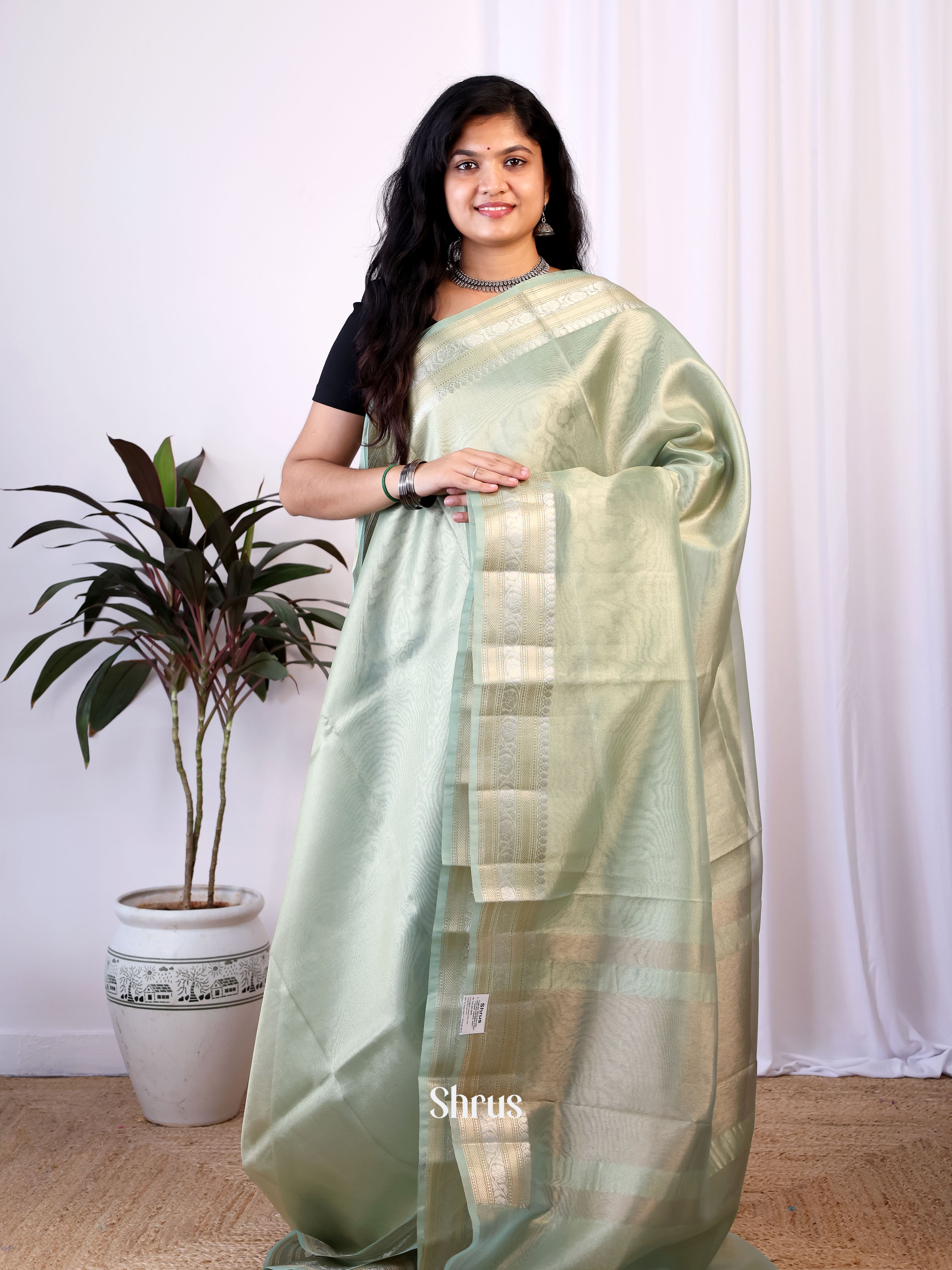 Pastel Green - Semi Tissue Saree - Shop on Shrus.com