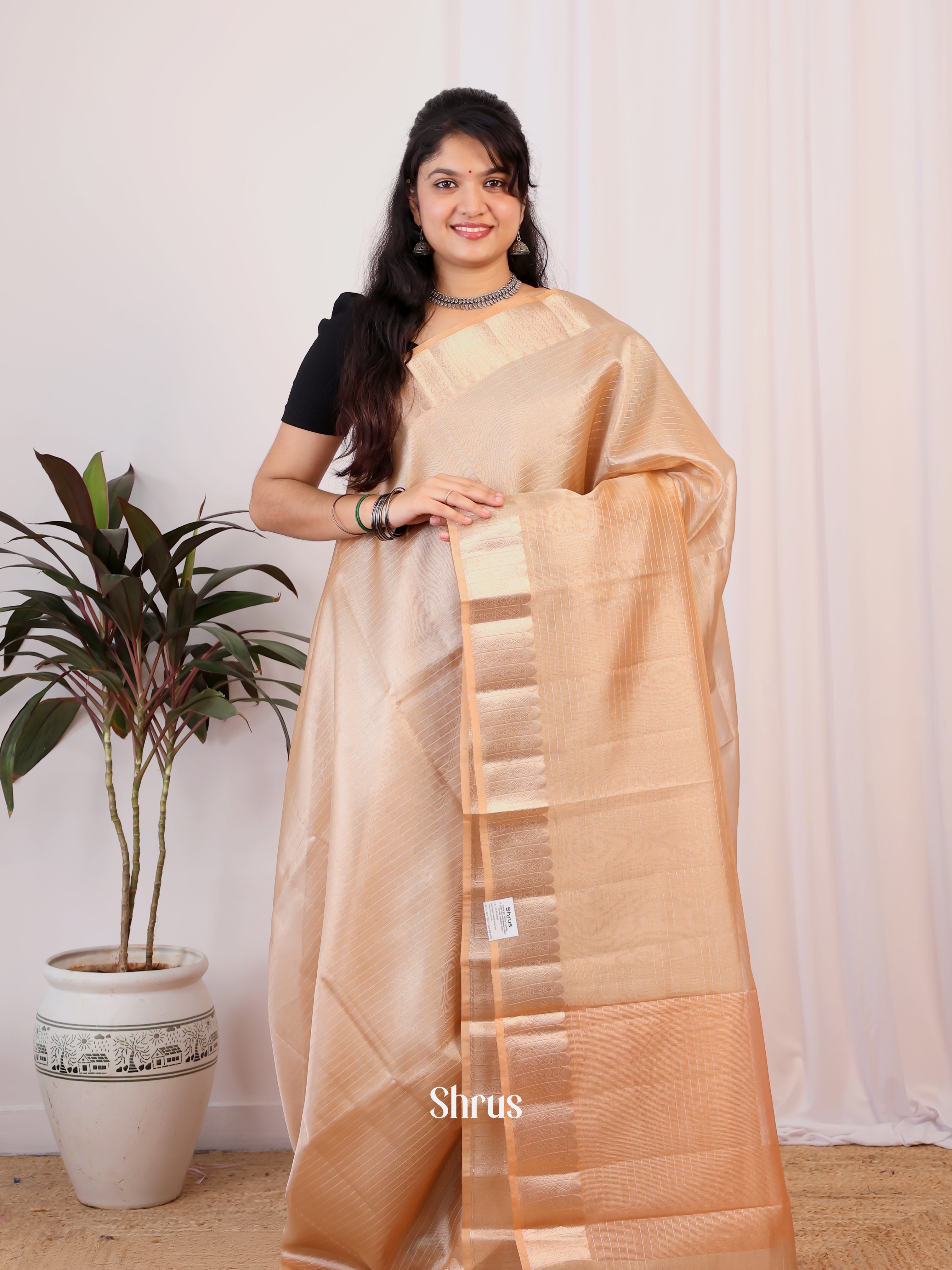 Peach - Semi Tissue Saree - Shop on Shrus.com