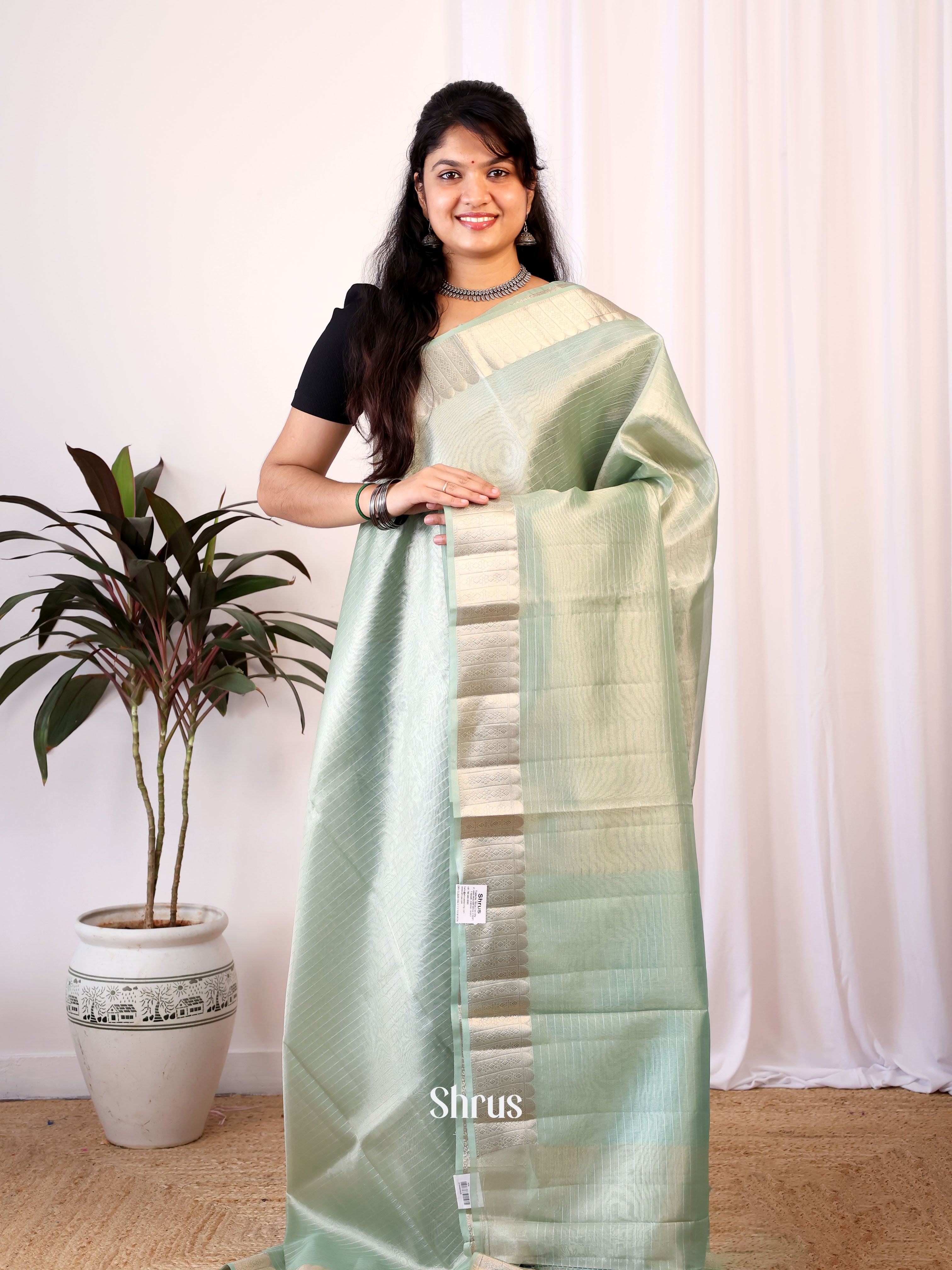 Green - Semi Tissue Saree - Shop on Shrus.com