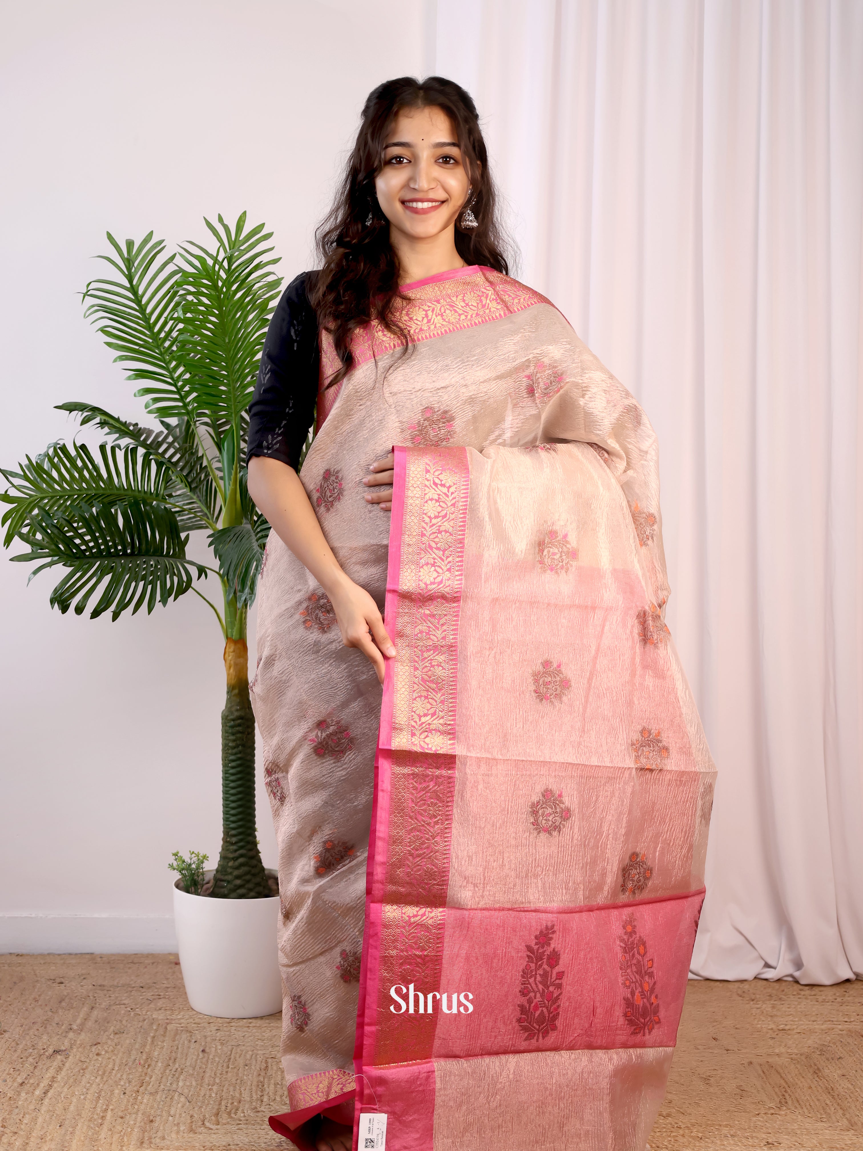 Cream & Pink- Bamboo silk Saree - Shop on Shrus.com