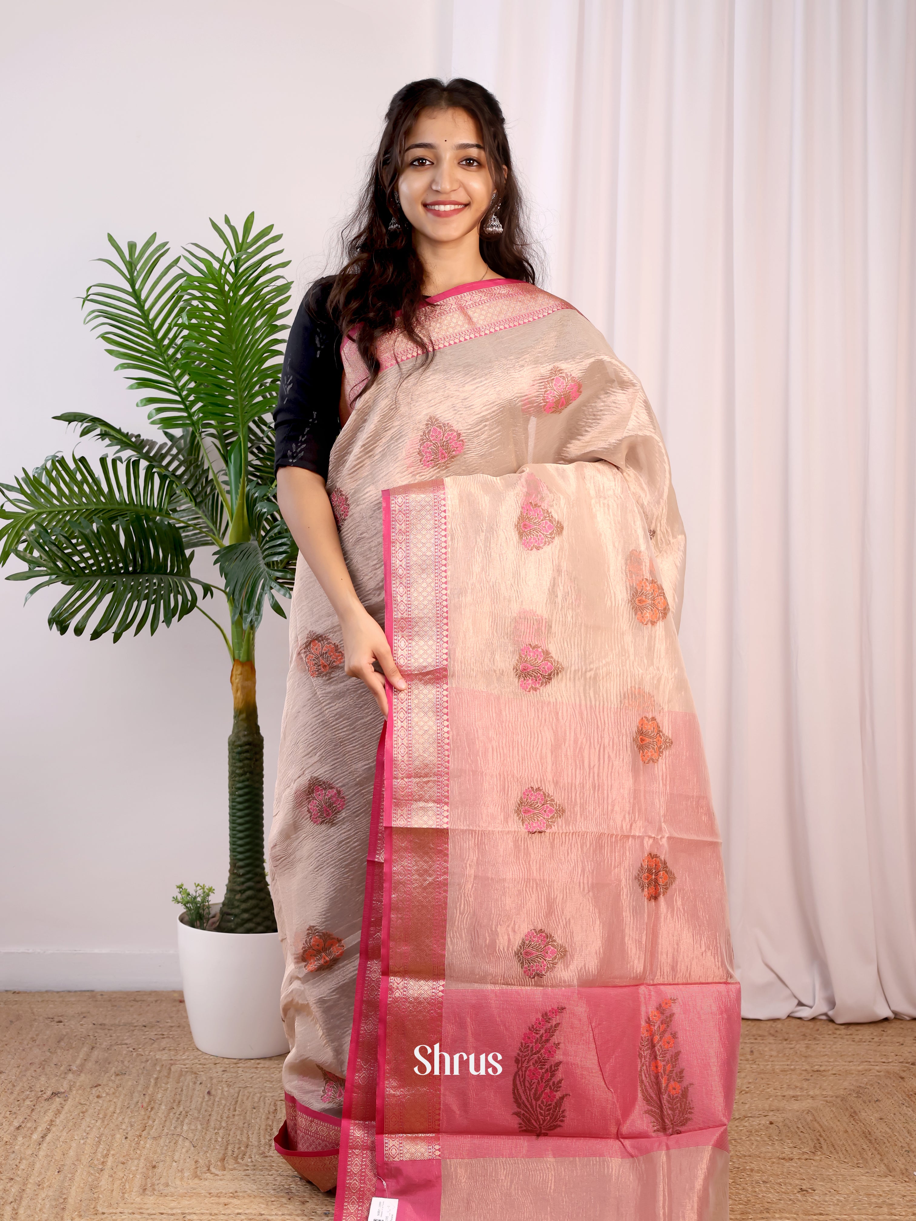 Cream & Pink - Bamboo silk Saree - Shop on Shrus.com