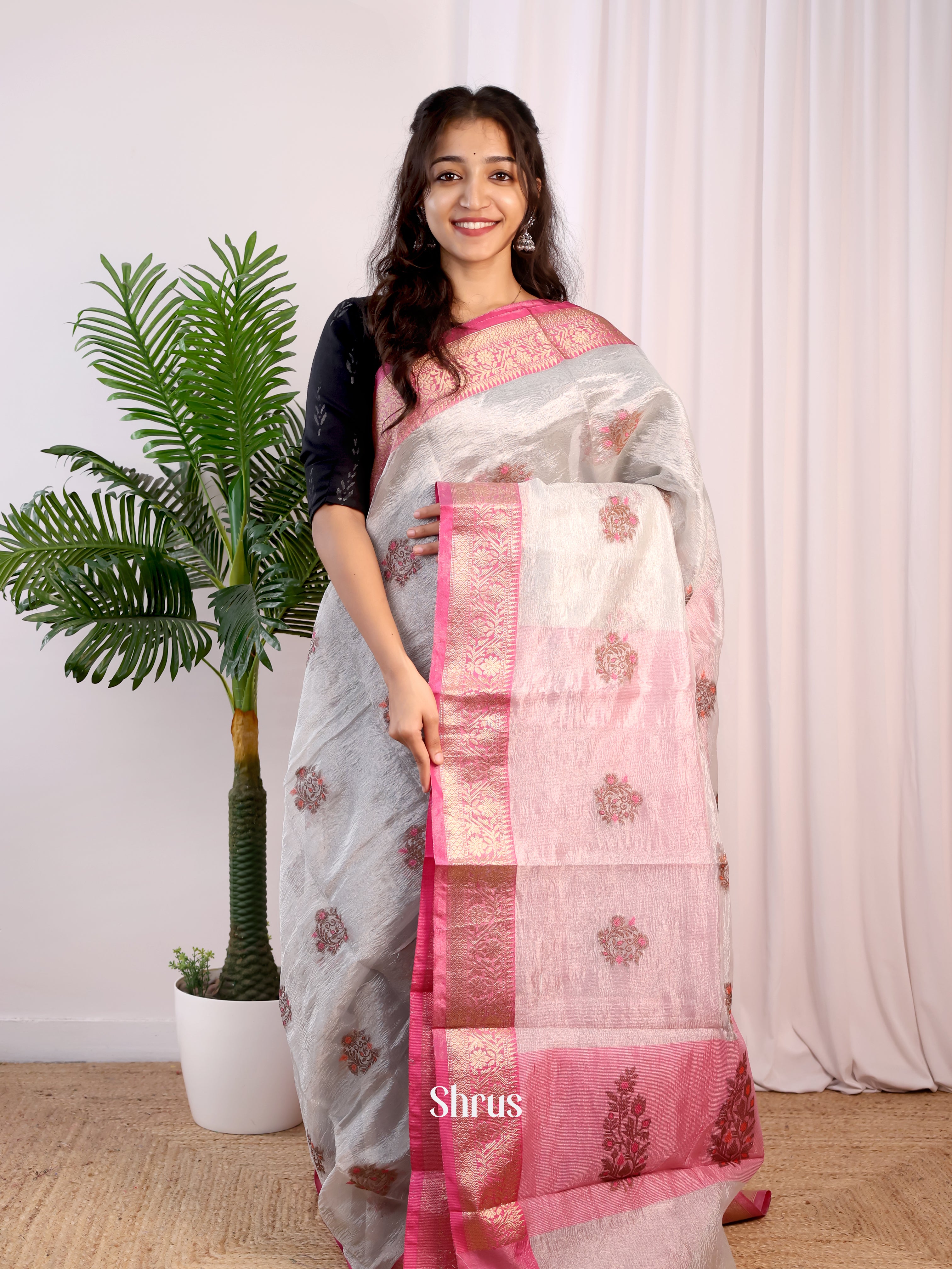Grey & Pink - Bamboo silk Saree - Shop on Shrus.com