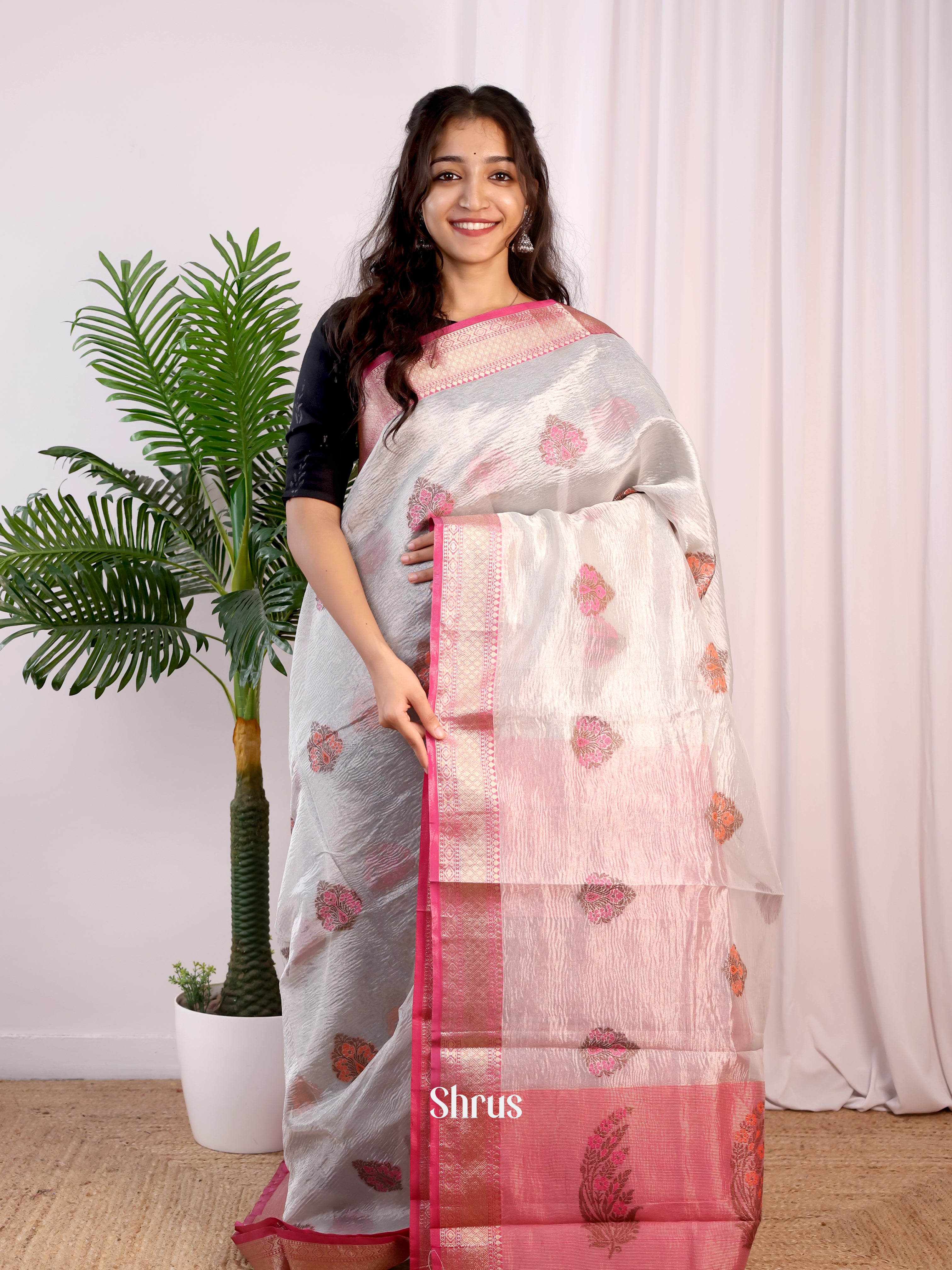 Grey & Pink - Bamboo silk Saree - Shop on Shrus.com