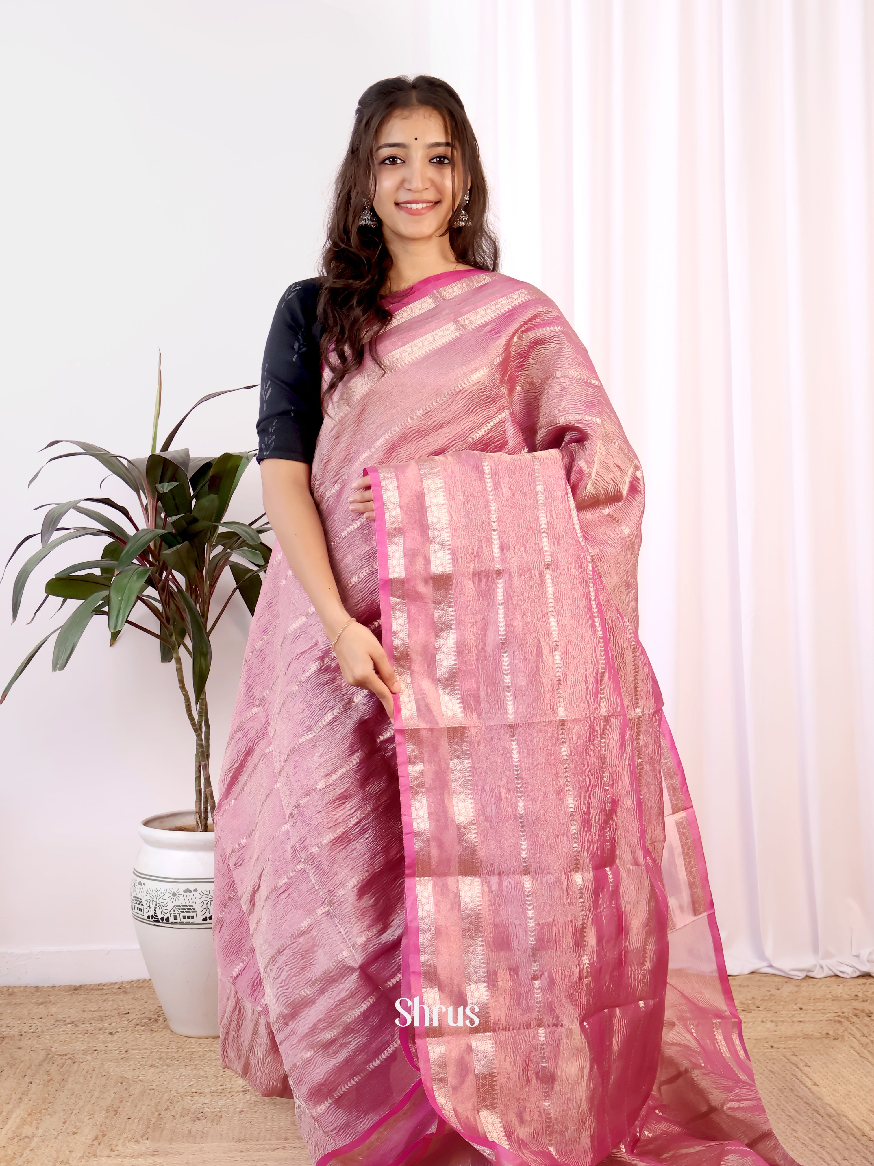 Pink - Bamboo silk Saree - Shop on Shrus.com