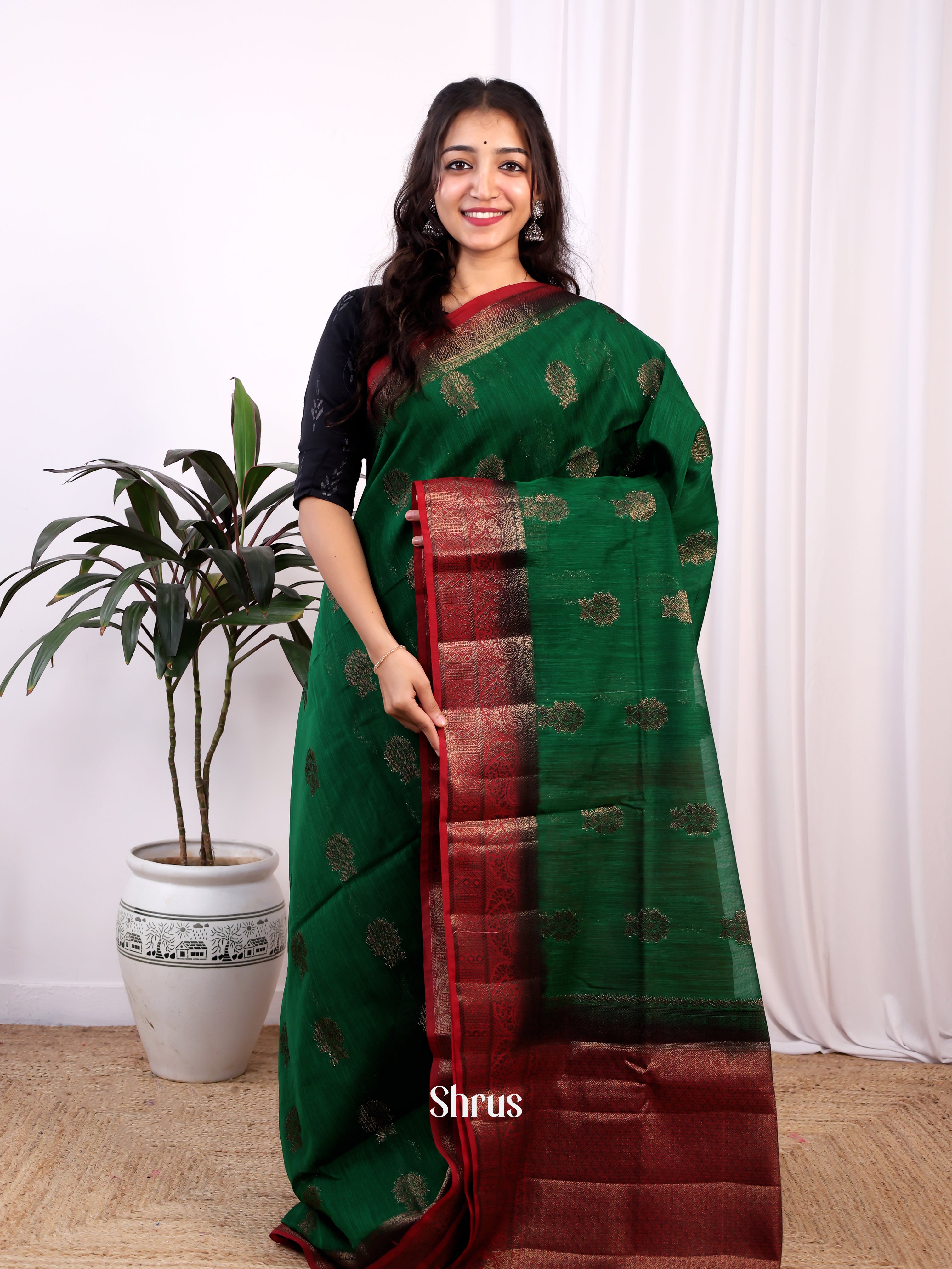 Green & Maroon -Semi Jute Saree - Shop on Shrus.com